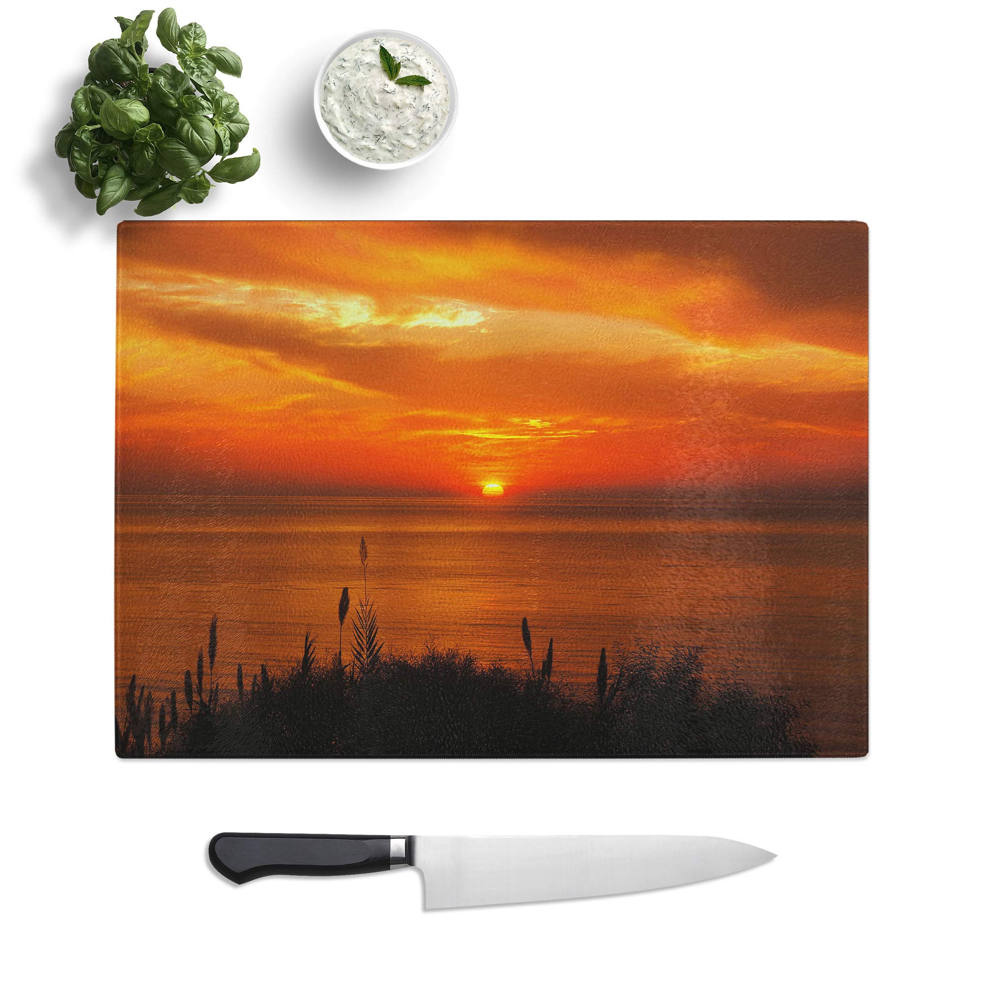 Kitchen Chopping Board Glass - Orange Sunset Over The Ocean - Textured Worktop Saver Cutting Board - Heat Resistant, Shatterproof and Hygenic - 28.5 x 20 cm