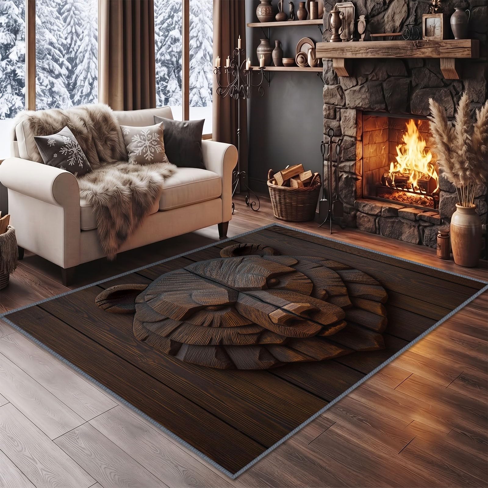 Alfombra antideslizante de madera natural, 160 x 230 cm, diseño de oso de vetas de madera, pelo corto, alfombra de salón, fácil de limpiar, para habitación juvenil, dormitorio, mesa de comedor, cocina