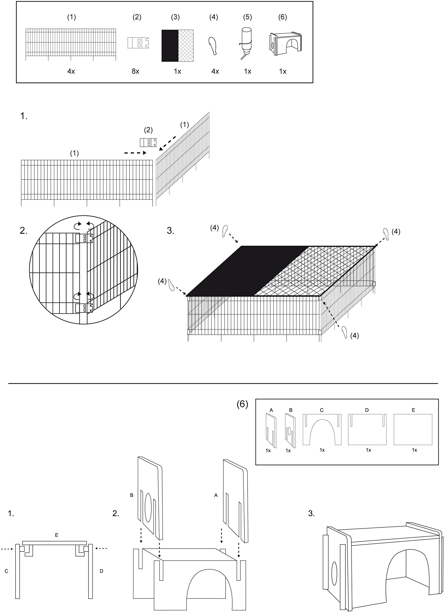 dobar 80607 Großes Kaninchengehege Set, vier eckig - Nylon Netz, Holzhäuschen und Trinkflasche, wetterfestes Hasengehege aus Metall, Außengehege XL, 119.5 x 119.5 x 52 cm, weiß