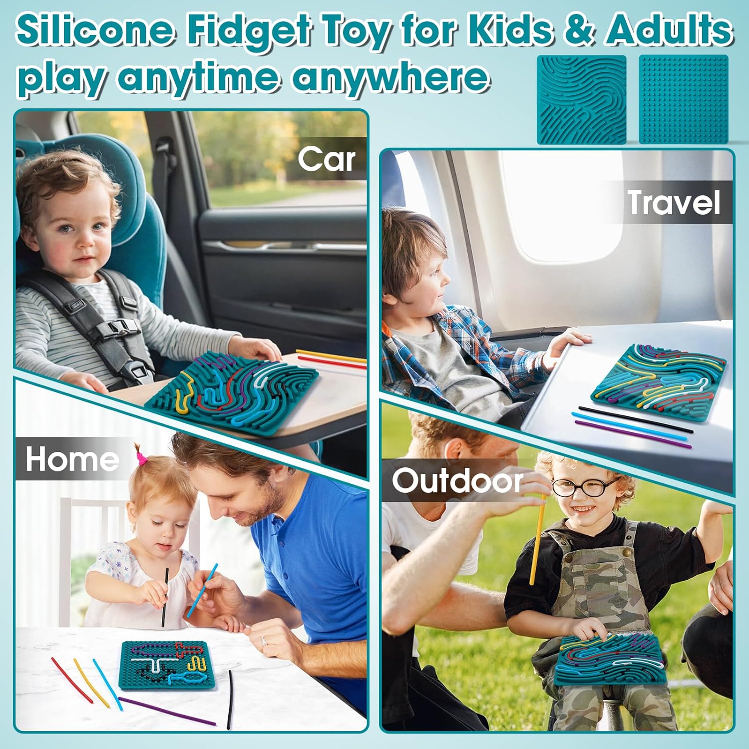 Sensory Activity Board Silicone Fidget Toy for Kids & Adults,Double-Sided Silicone Stress Relief Activity Board with 20 Strings & Travel Bag,No Mess Quiet Sensory Toys for Anxiety, ADHD,Calming,Autism