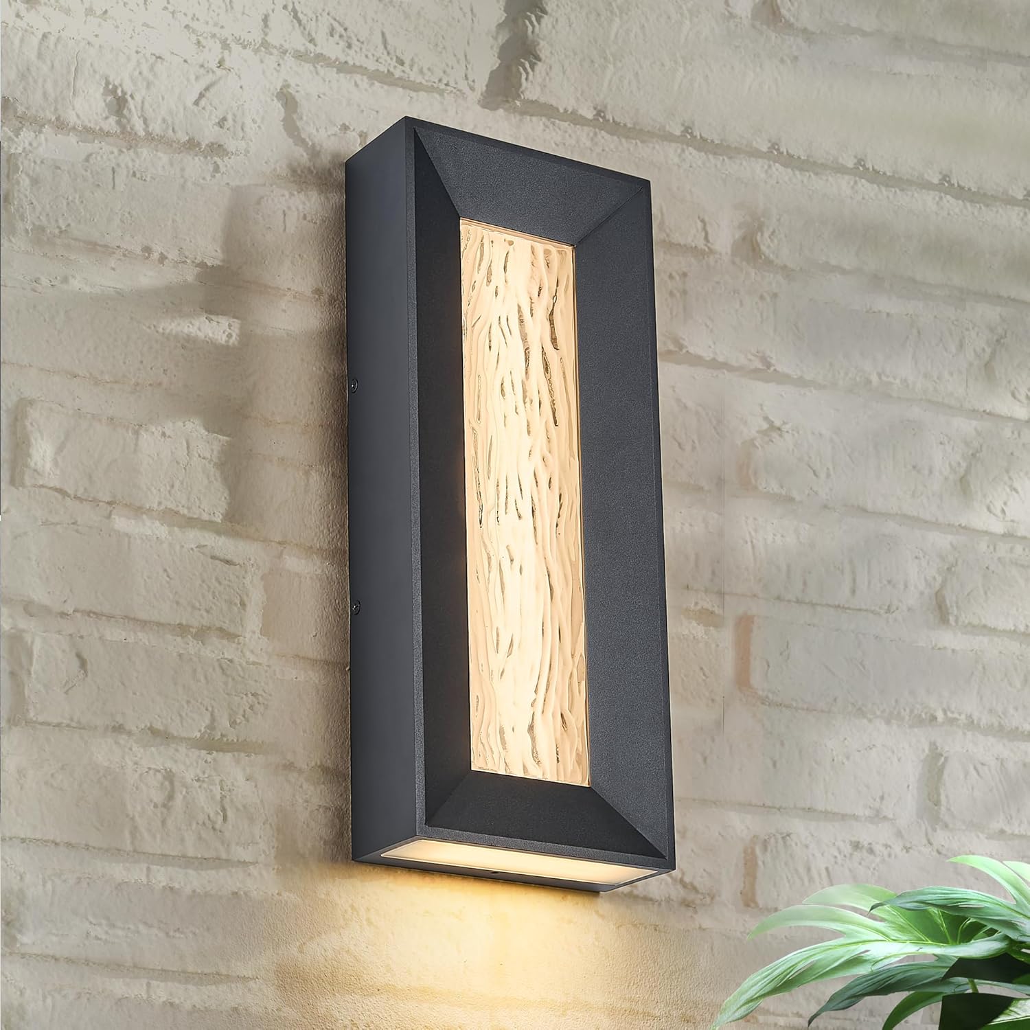 Trendy 15in LED Outside or Indoor Wall Gentle with Solid Artwork Glass,Built-in LED 18.5W 3000K,IP65 Waterproof,Aluminum Extrusions in Textured Black,Wall Mount for Patio, Entryway, Storage
