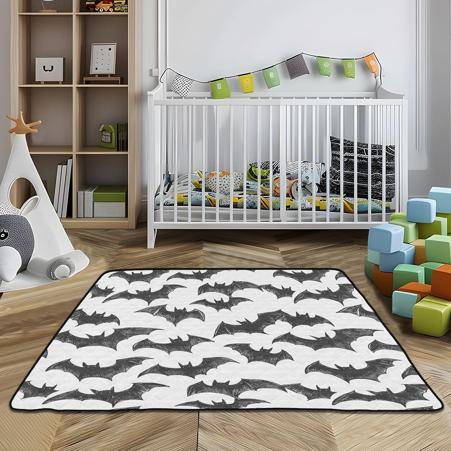 Baby Play Mat Black Brush Doodle Bats 50 x 50 Playpen Mats for Floor Play Gym Crawling Mat Non-Slip Cushioned Baby Playmat for Infants, Babies, Toddlers