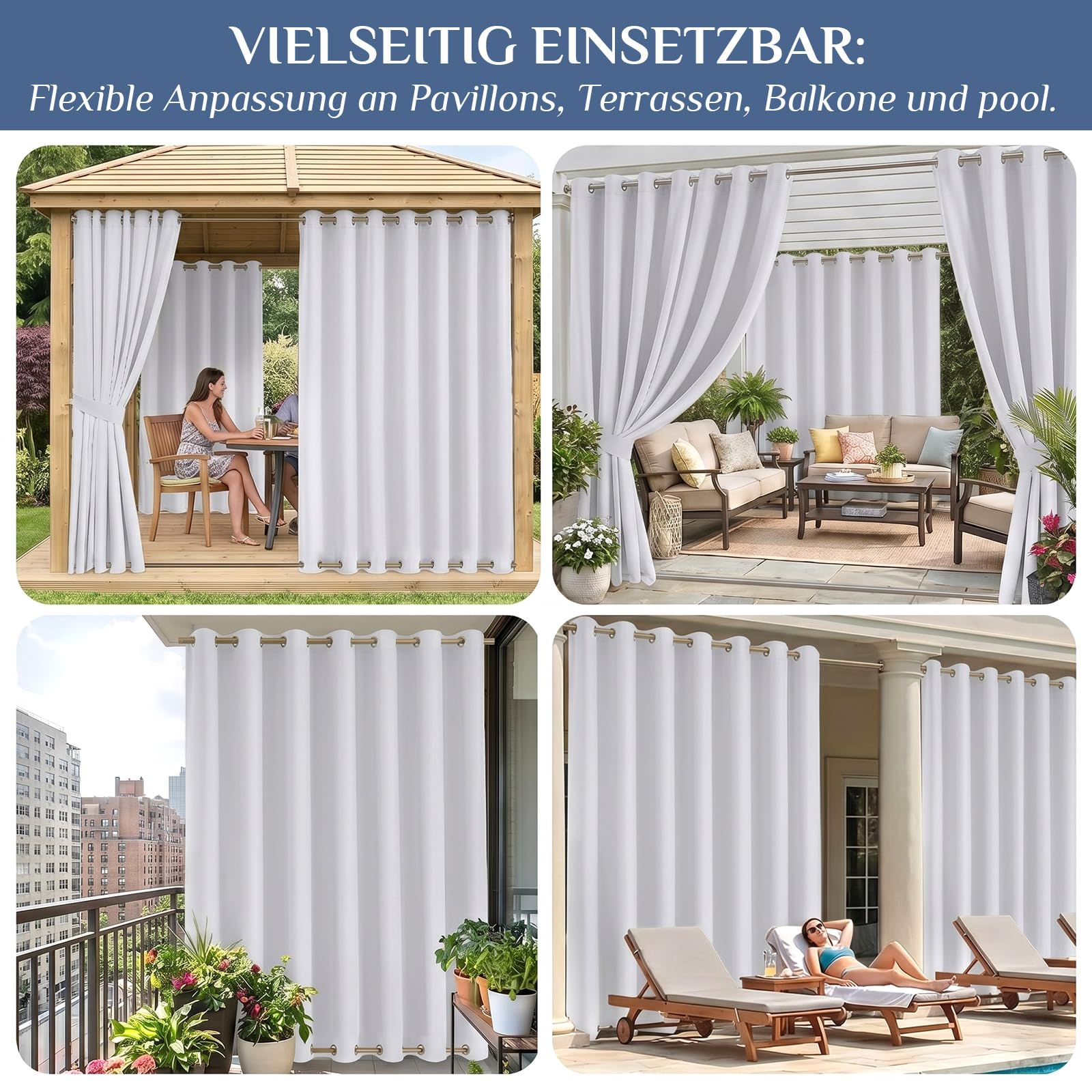 Outdoor Vorhang Wetterfest Extra Breit B254xH243cm, Winddicht mit Ösen Oben und Unten, Sichtschutz &Sonnenschutz für Pavillon Terrasse Balkon Garten, 1 Stück (Grau Weiß)