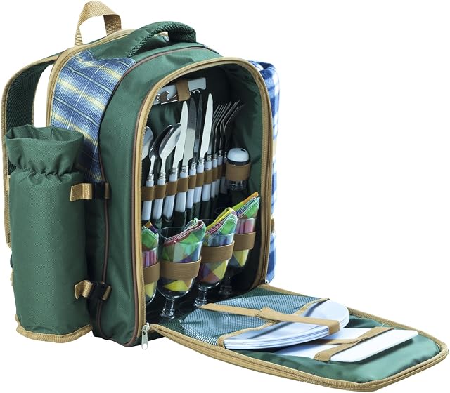Andes 4 Person Deluxe Picnic Set Hamper Backpack/Rucksack Cool Bag, Includes Cutlery, Plates, Napkins, Wine Glasses, Bottle Opener, Chopping Board