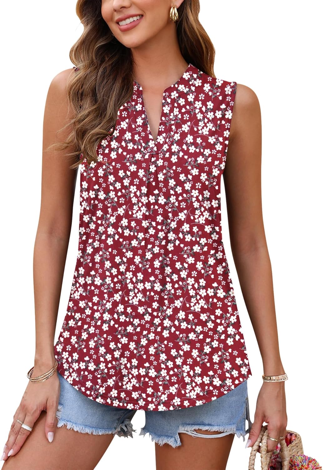 AUSELILY Womens 2026 Summer Tank Tops Causal Ladies V Neck Sleeveless Loose Pleated Shirts Blouse