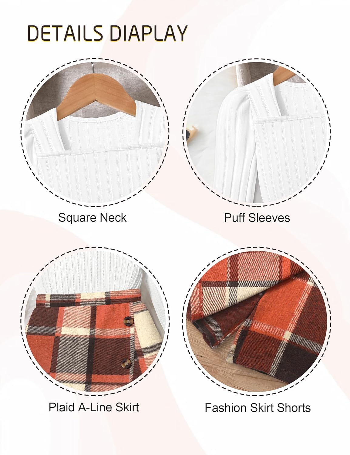 NECIOUS Girls Skirt Set Square Neck Puff Sleeve Shirt Tops Plaid Mini Skirt Shorts with Beret 3 Piece Fall Winter Outfit - Image 6