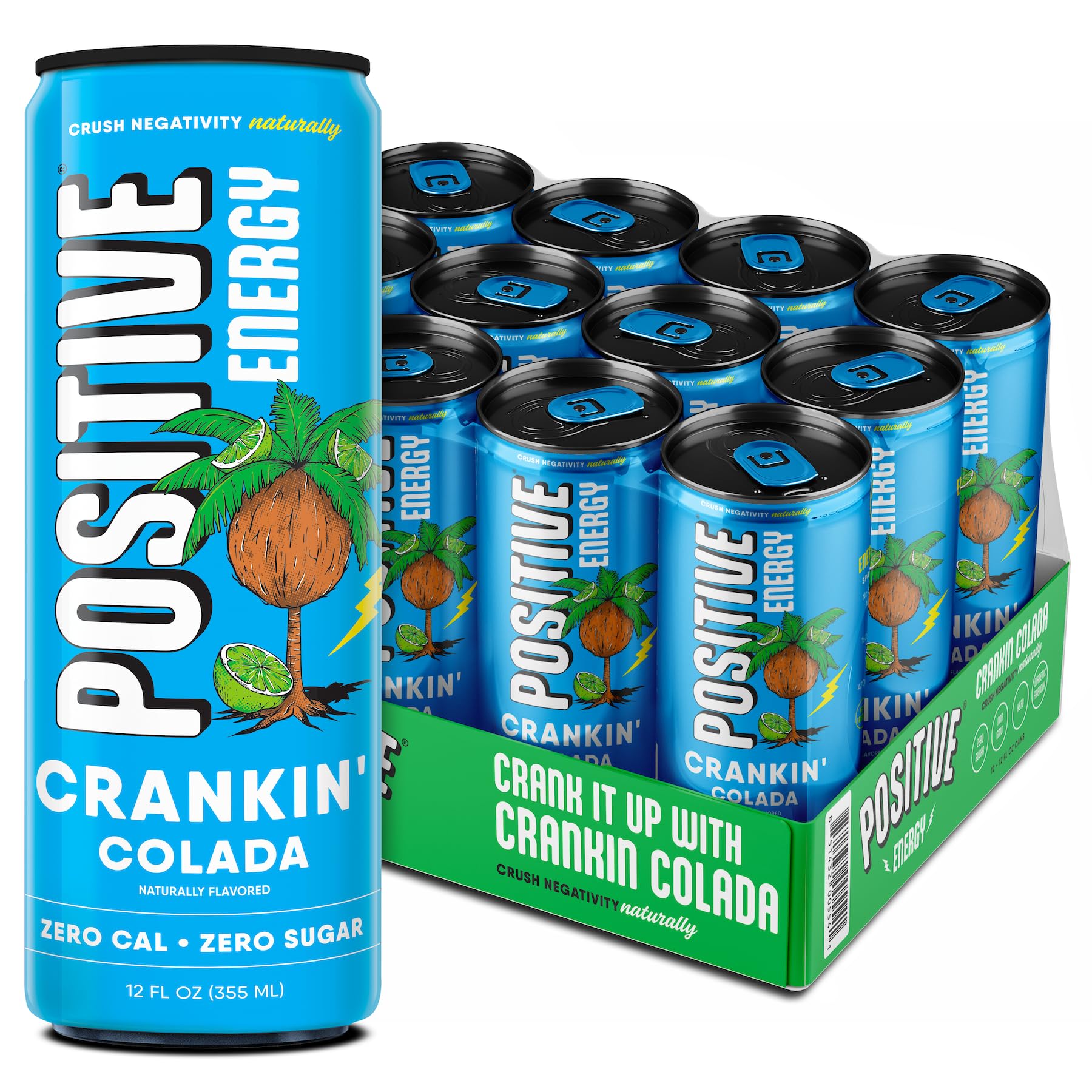 Positive Energy Drink - Crankin' Colada | Zero Sugar, Zero Calorie, 12oz Cans (Pack of 12) | Hydrating Electrolytes, Immunity Support with Zinc, Healthy Energy Boost