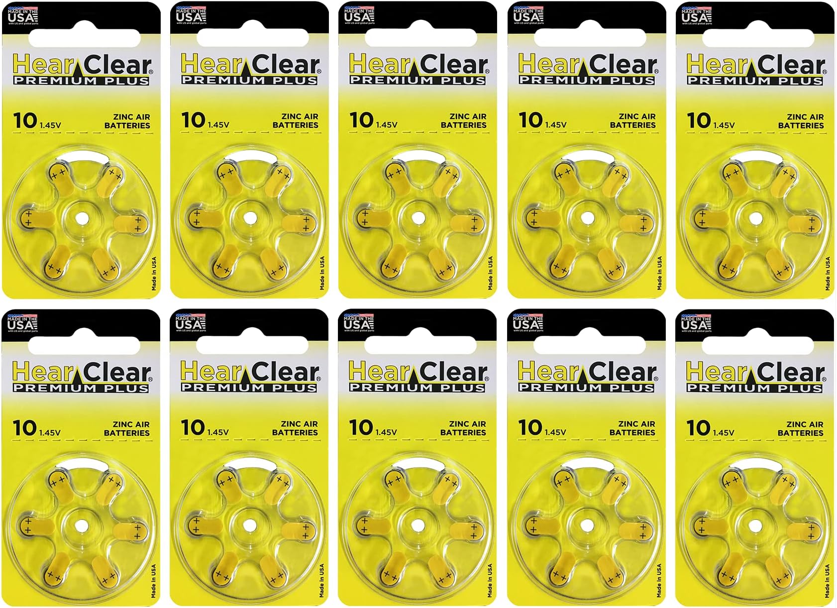Hear Clear Size 10 PR230 Hearing Aid Batteries Yellow Tab