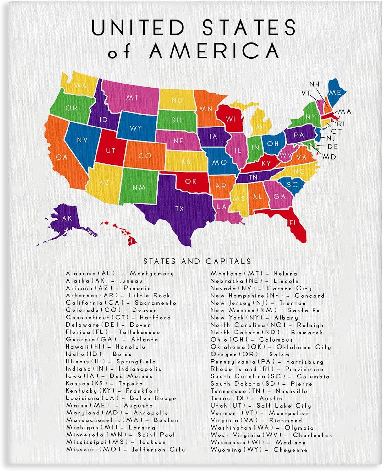 Stupell Industries 'USA Map State Abbreviations and Capitals Playful Tones', Canvas Art, 24 x 30 Inches, Easy to Hang and Sturdy, Made in USA, by Anna Quach
