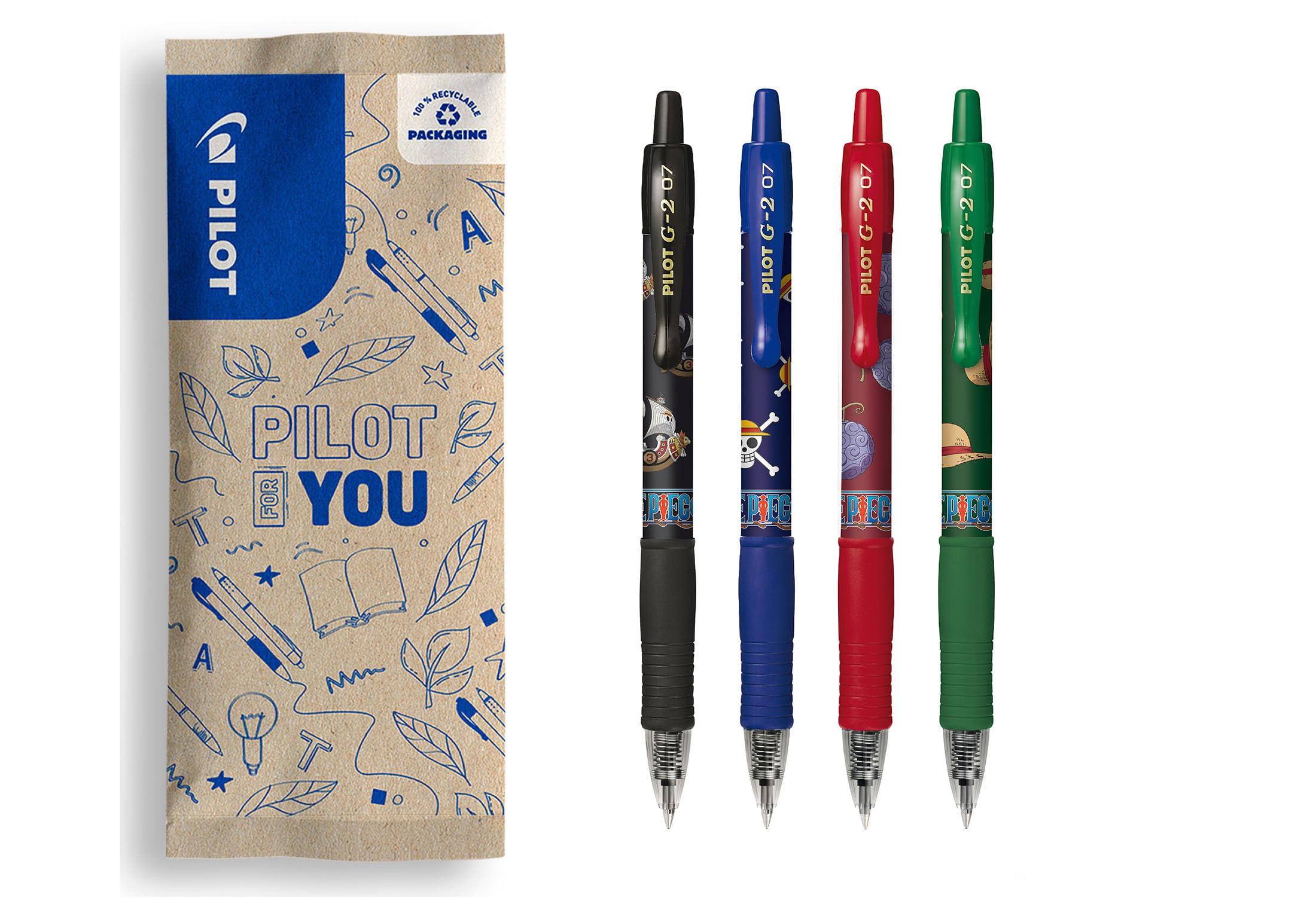 PILOT x ONE PIECE - Set di 4 G2 + 4 adesivi - Penne roller a inchiostro gel retraibili e ricaricabili - Edizione limitata One Piece - Nero, Blu, Rosso, Verde - Punta media