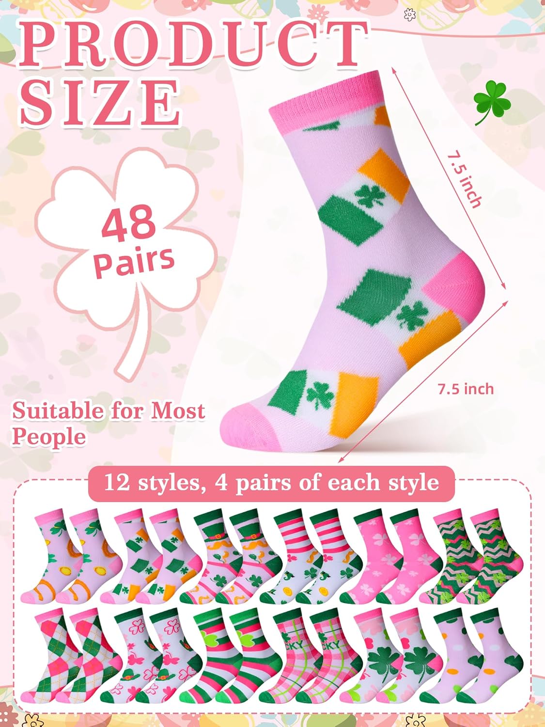 Ramede 48 Pairs St. Patrick Day Socks Bulk Pink & Green Shamrock Clover Novelty Crew Sock Gifts for Women Men Irish Party - Image 3