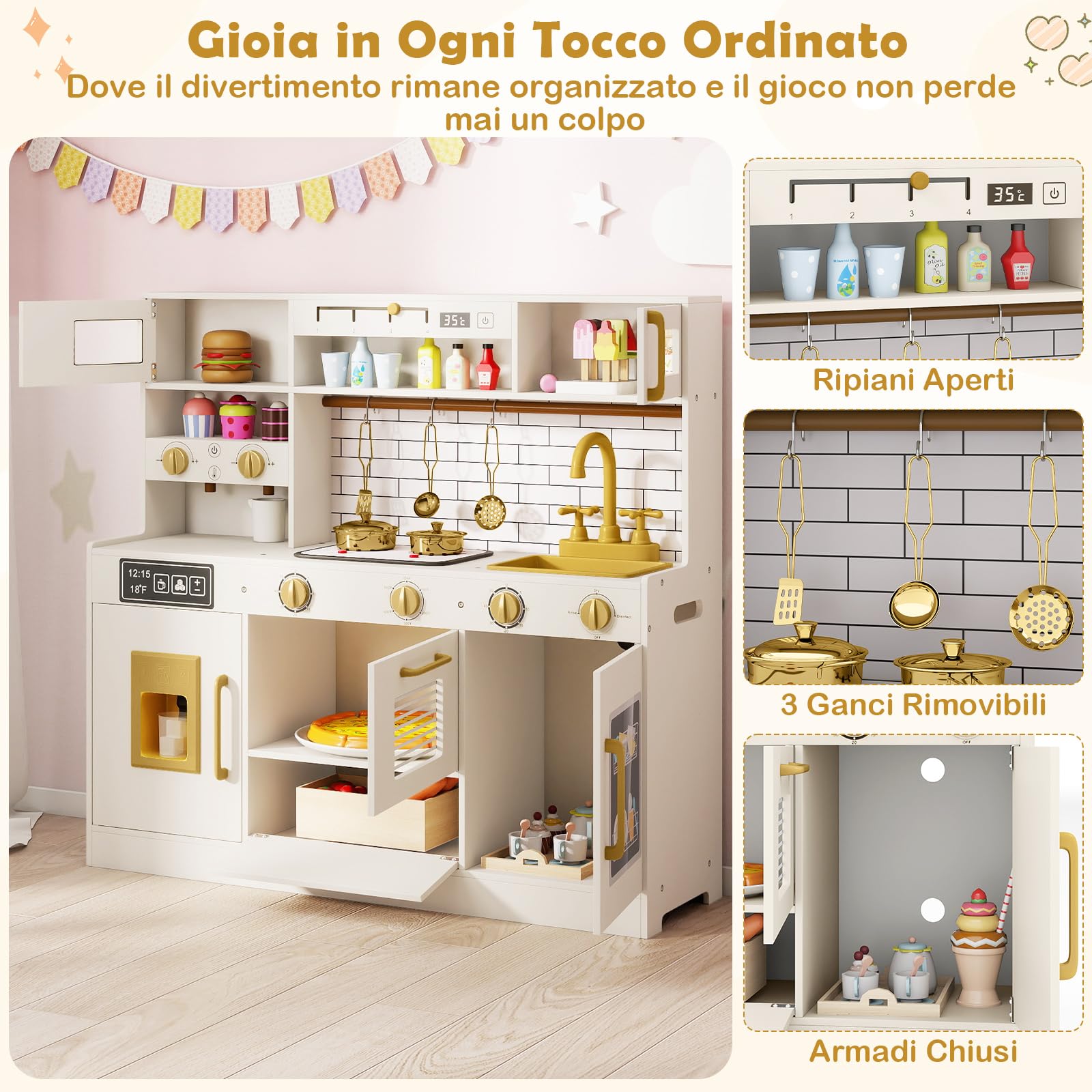 COSTWAY Cucina Giocattolo per Bambini, Set Cucina Gioco in Legno con Macchina per Ghiaccio, Caffettiera, Lavastoviglie e Accessori, Luci e Suoni, Regalo di Ruolo per Bambini 3+ Anni