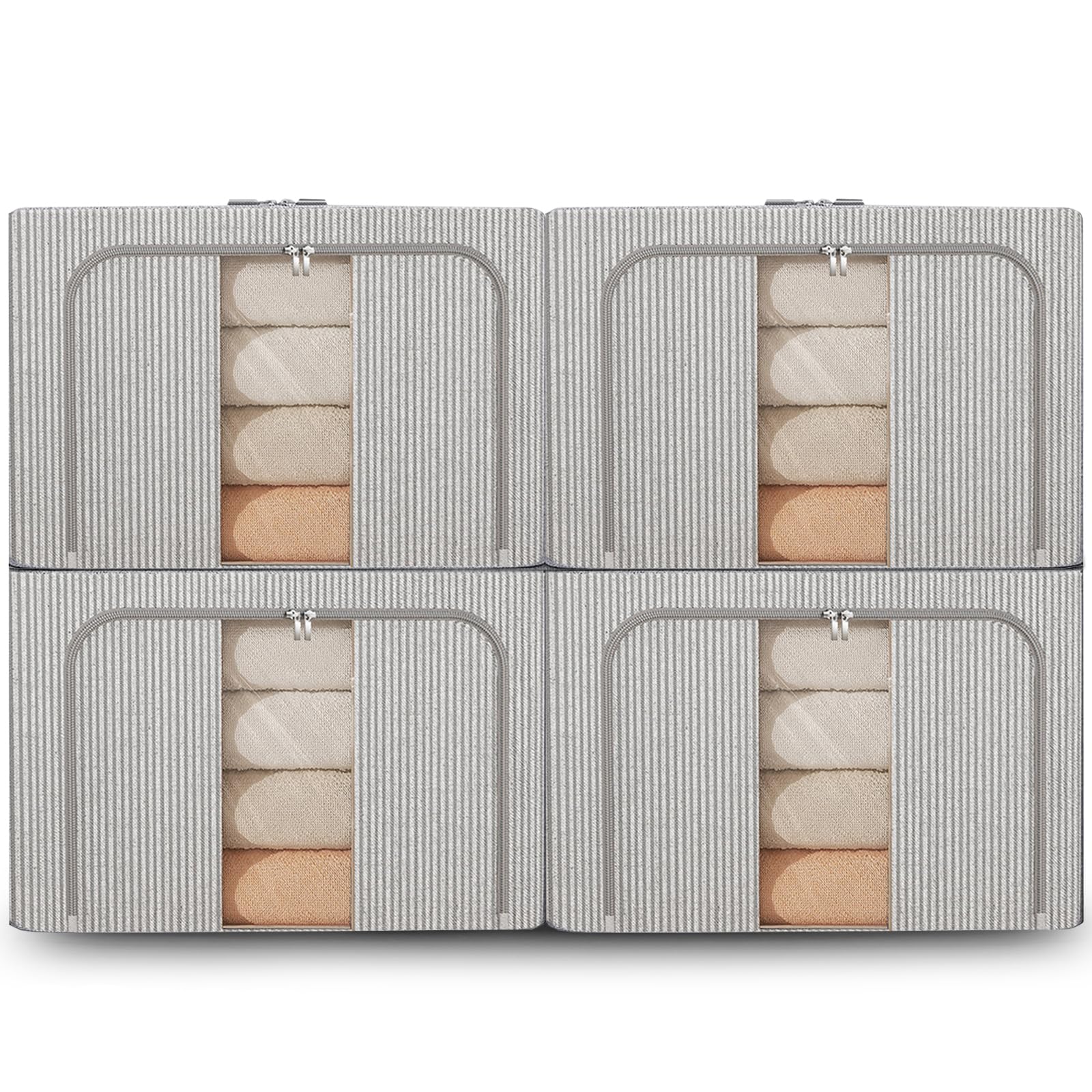 FYTXSZ Clothes Storage Boxes 66L with Metal Frame, Foldable Fabric Storage Bins with Lid and Clear Window, Stackable Organizer Box with Zipper and Handles for Closet, Bedroom (Stripes, 66L-4Pack)