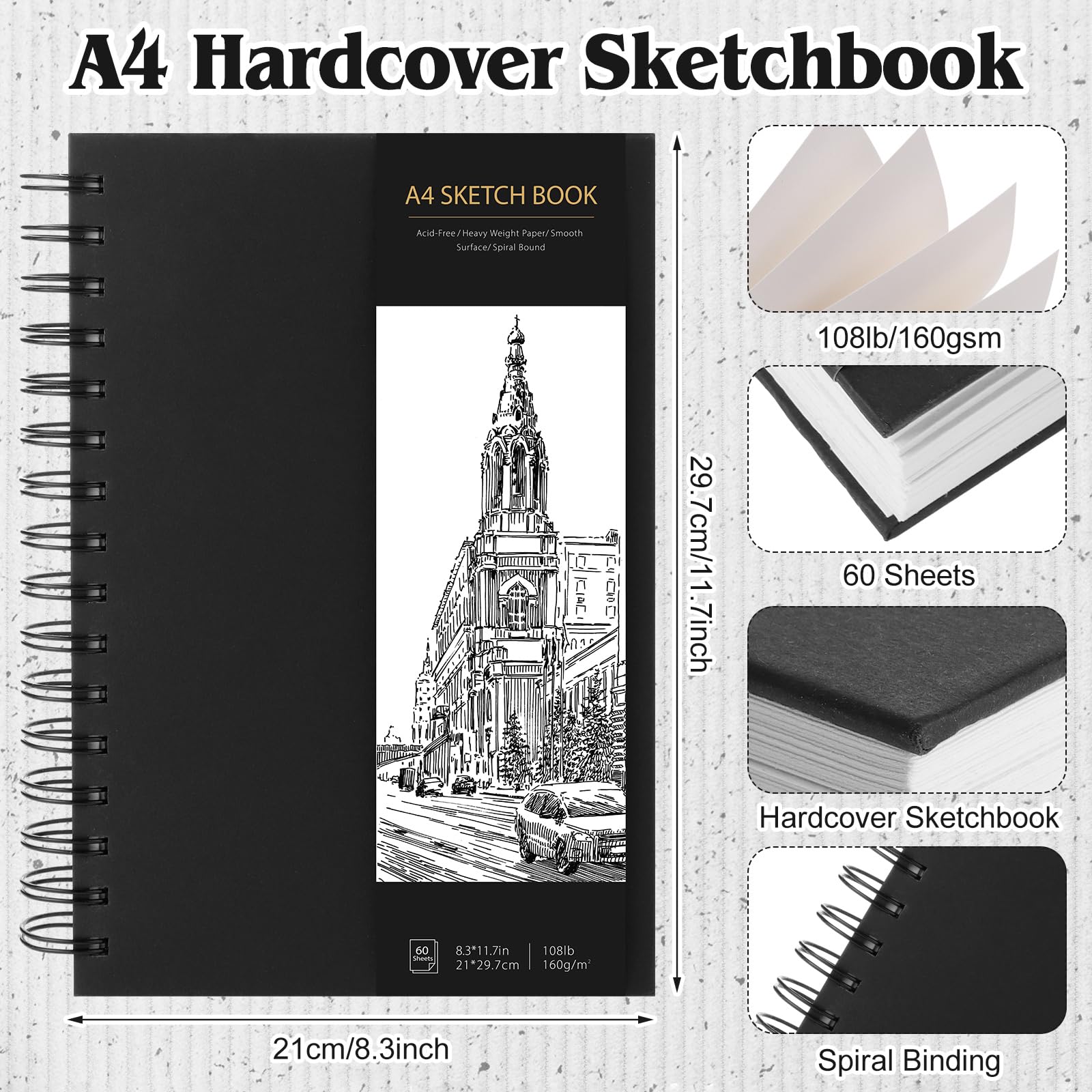 A4 Sketch Book, 60 Sheets Hardcover Spiral Bound Sketch Pad, 160gsm Thick Paper Drawing Pad - Image 2