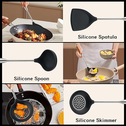 Miniatura 7 de FJNATINH Espátula de silicona para wok, cucharón, espumadera  Herramientas de acero inoxidable Wok  Utensilios de cocina resistentes sin BPA,