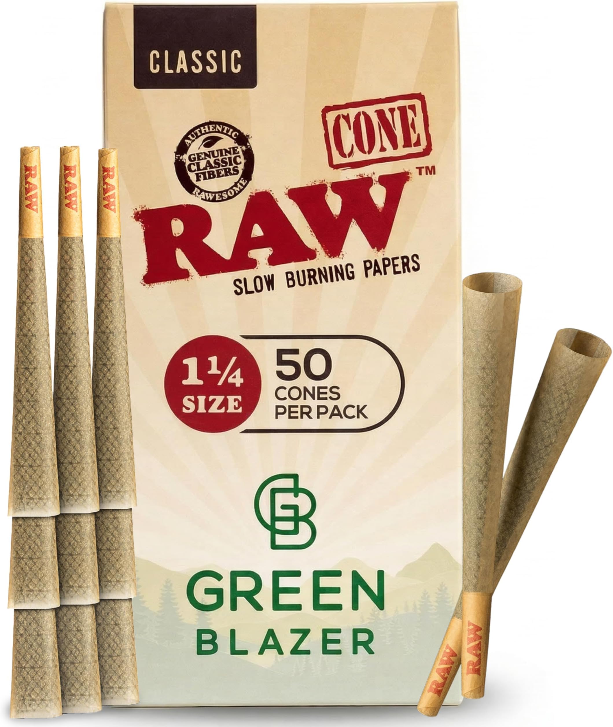 RAW Cones 1 1/4 Size: 50 Pack Patented Slow Burning Pre Rolled Rolling Papers & Tips, Classic Raw Paper, 84mm