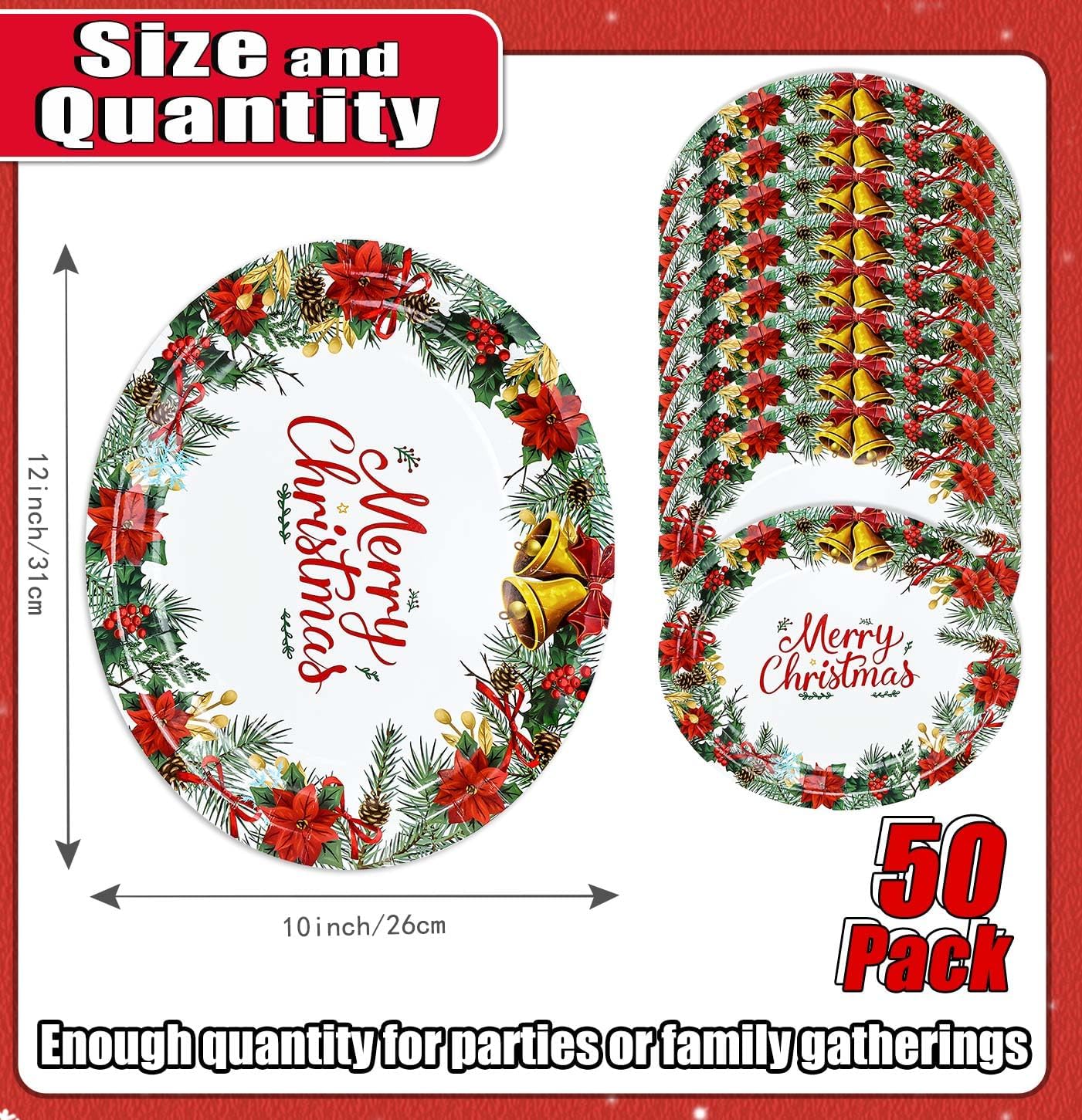 HEIPINIUYE 50 Pieces 10 X 12 Inch Merry Christmas Oval Paper Plates Heavy Duty Xmas Holly Leaves Plate Large Disposable Oval Dinner Plate for Holiday Winter Party Decor Christmas Plates