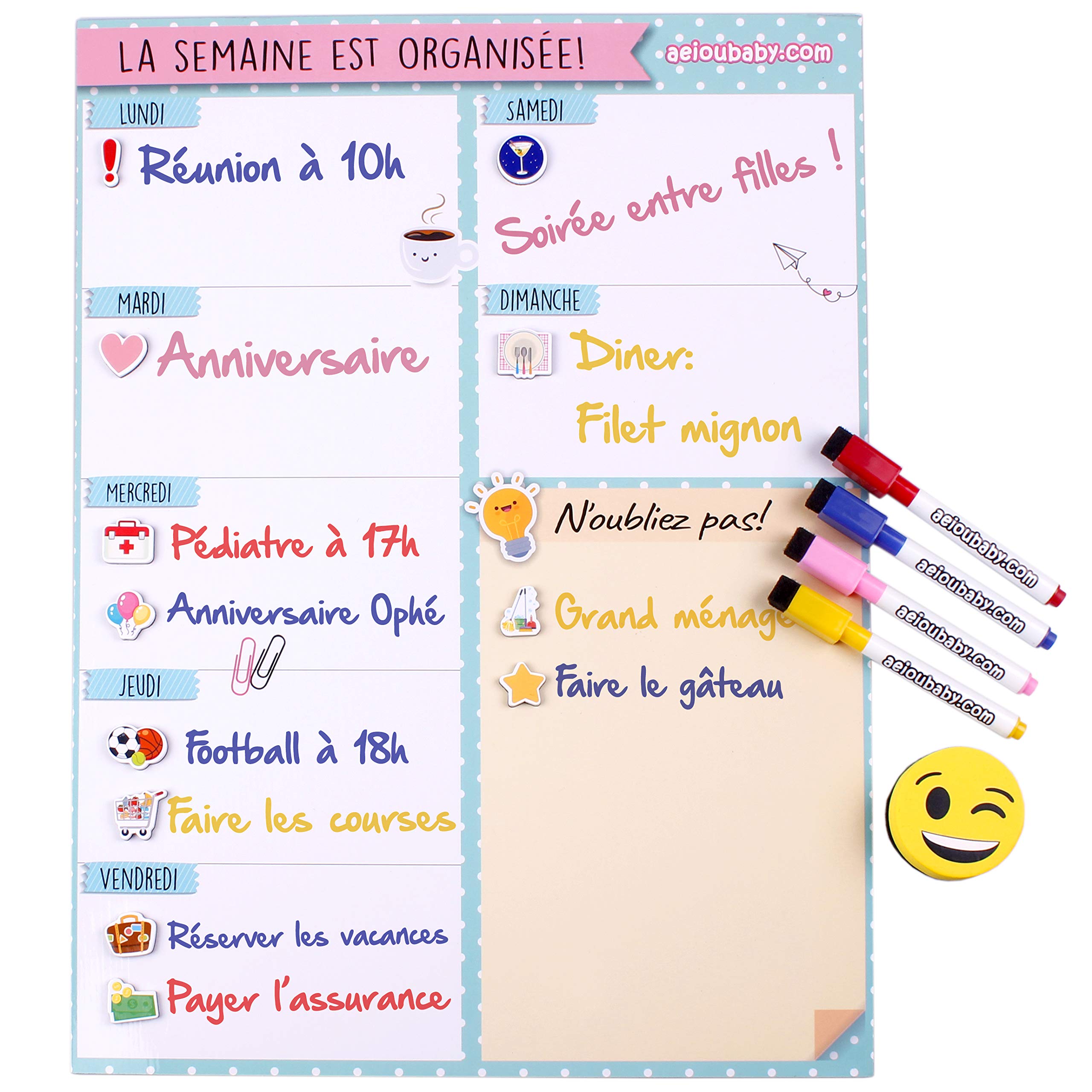Magnetische Weekplanner | 4 gekleurde markers, 12 magneten, 1 gum | koelkastkalender 43 x 32 cm Keukenbord | organizer planner boodschappenlijst | doos (Wit, Duits