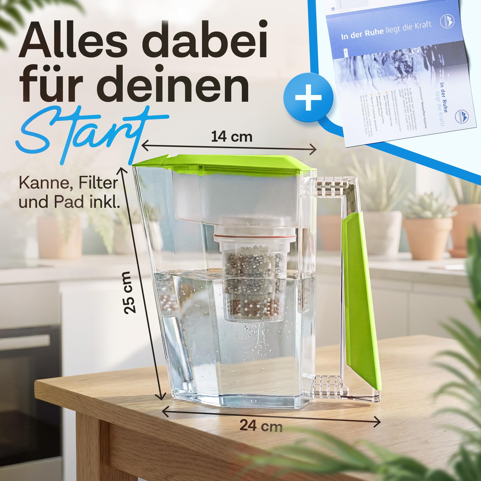 Wysokiej jakości organiczny filtr do wody wyprodukowany w Niemczech z 1 dzbankiem do wody pitnej + 1 wkładem filtrującym i buforem filtrującym (do 3 miesięcy) - zielony, filtr do wody pitnej + dzbanek