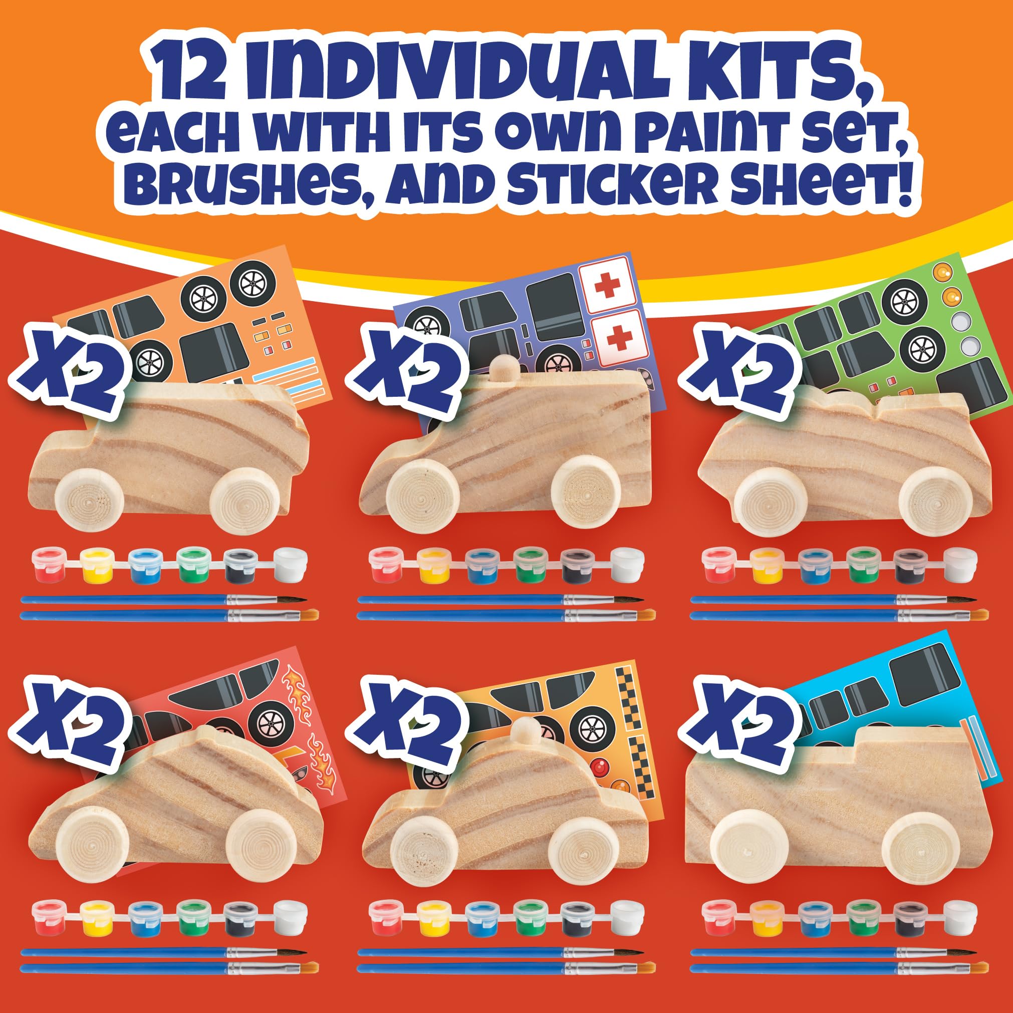 Kit de peinture sur bois pour enfants (12 carats) Voitures 3D – Chaque kit a son propre pinceau, peinture et figurine – 6 motifs incluent taxi, camions et plus avec autocollants personnalisables en