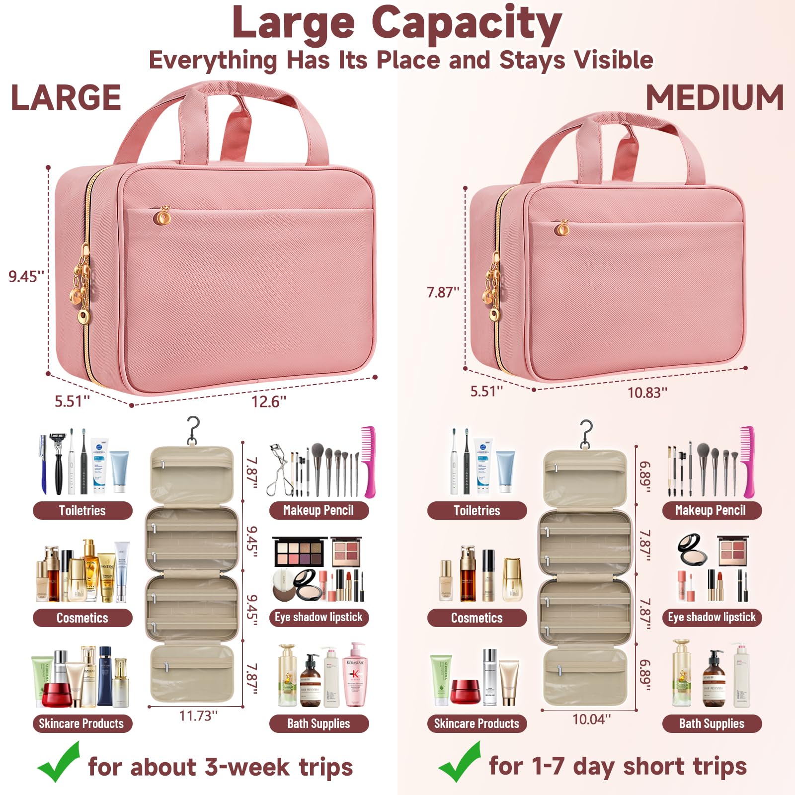 Voyree Travel Toiletry Bags, Portable Travel Bag with Hanging Hook for Women, Waterproof and Hanging Makeup Bag Travel Organizer Accessories for Travel Essentials (Pink, Medium) - 4