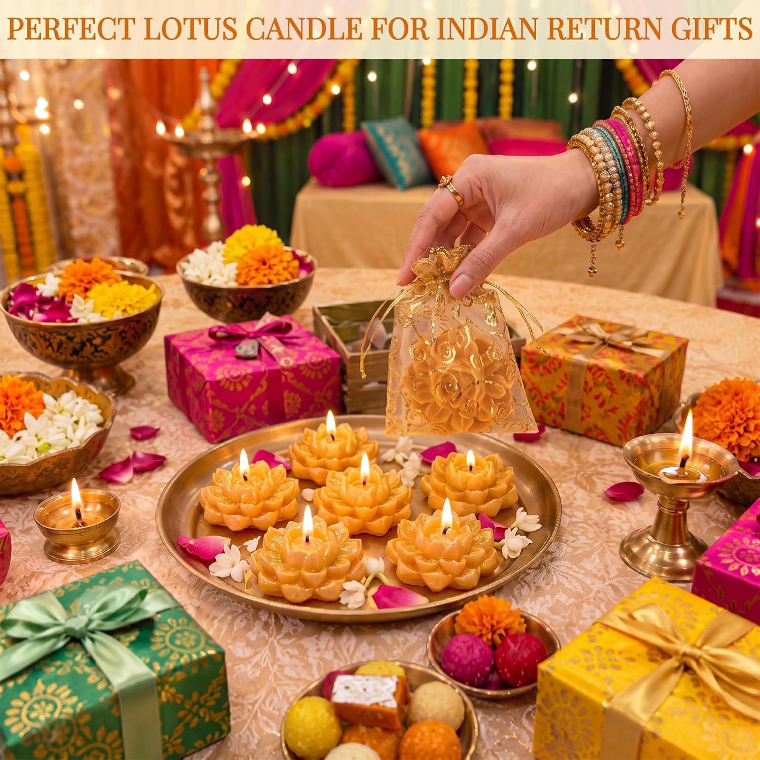 18 Sets/ 54 Pcs Indian Return Gifts Bulk, Lotus Shaped Candles Gifts Bulk