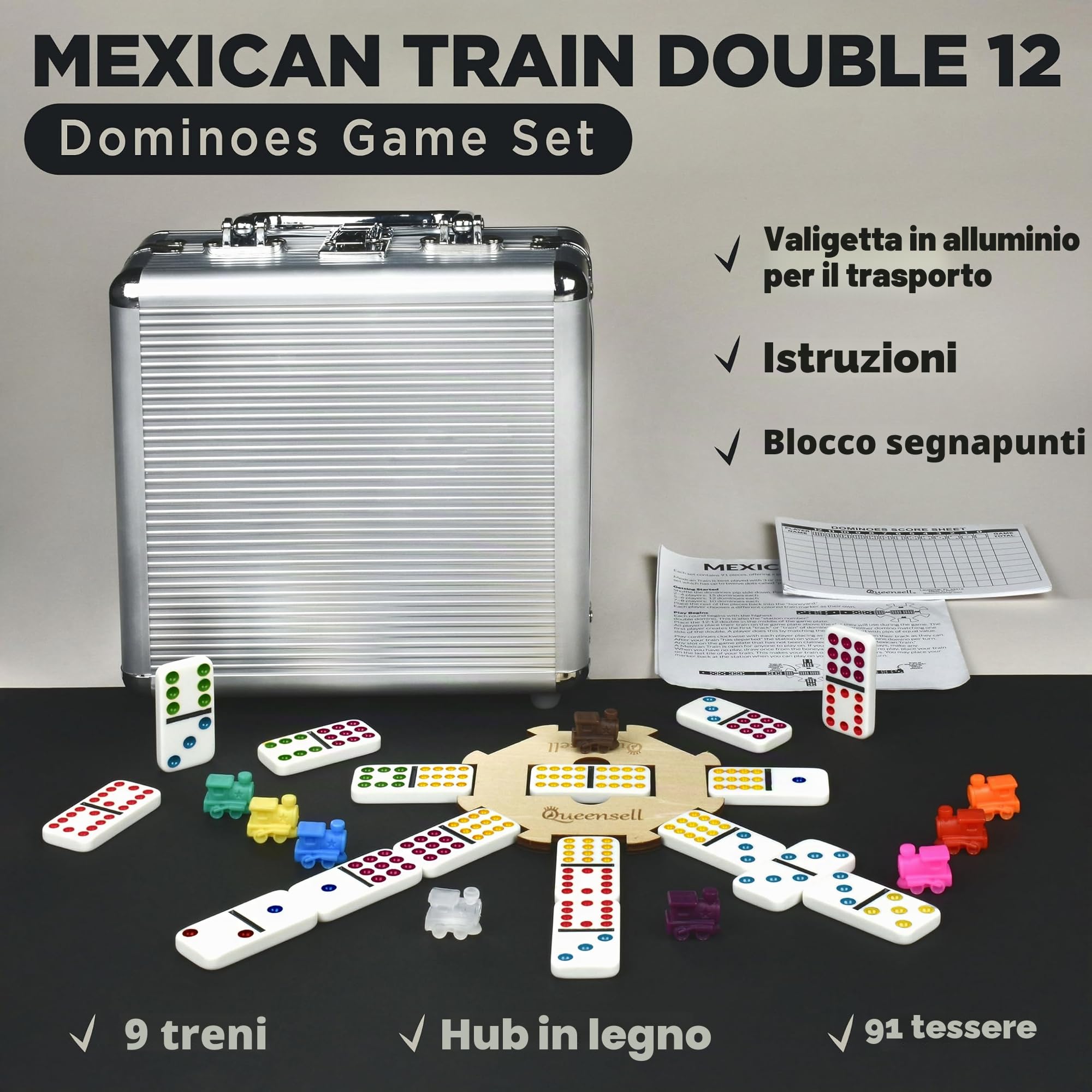 Queensell Gioco di domino da treno messicano per adulti – Gioco di domino classico – Doppio 12 domino – Gioco di domino 91 piastrelle in alluminio
