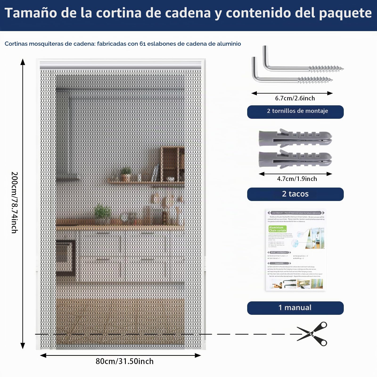Cadenas mosquiteras para puertas, color negro, 80 x 200 cm, cadena de aluminio, mosquitera de metal, persianas para mantener fuera las moscas