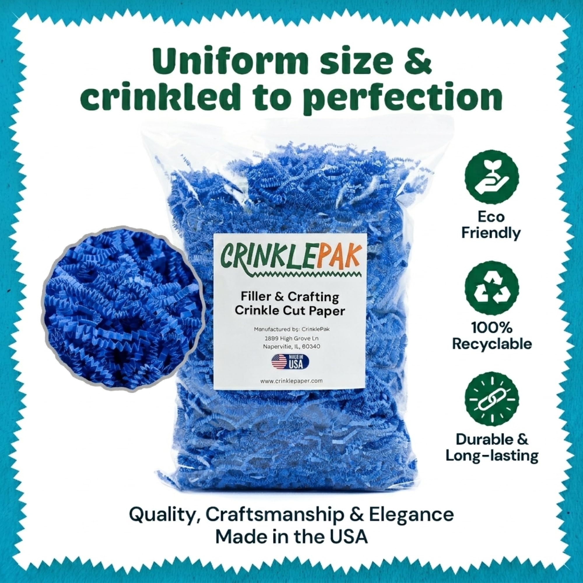 CrinklePak Wykonany w USA marszczony papier, wypełniacz do rozdrabniania, idealny do wysyłki paczek, pakowania prezentów, napełniania kosza i na wszystkie inne okazje, 4,5 kg (jasnoniebieski)