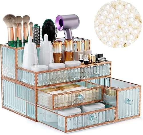 Organizador de maquillaje para encimera, de vidrio templado, para cosméticos, cuidado de la piel, herramientas para el cabello, cepillos, perfumes,