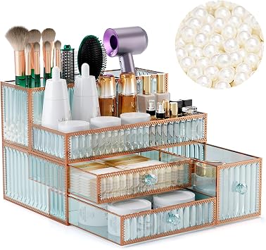 Youdepot Makeup Organizer Countertop - Tempered Glass Vanity Organizer for Cosmetics, Skincare, Hair Tools, Brushes, Perfume