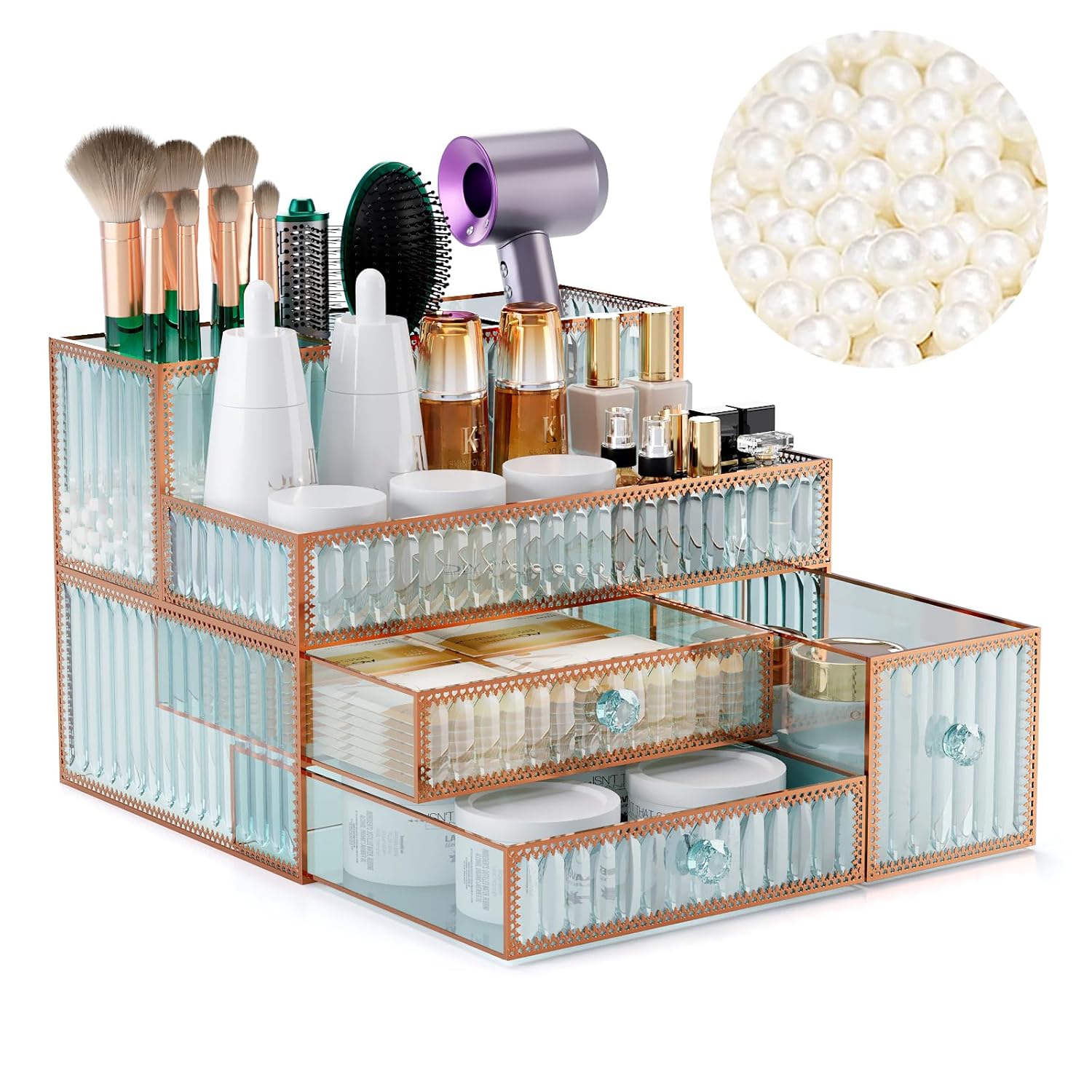 Jiavarry Rotating Makeup Organizer, DIY 8 Adjustable Layers 360 Spinning Skincare Organizers, Makeup Storage Carousel Tower with Brush Holder & Perfume Trays, Cosmetic Display Case for Vanity Bathroom