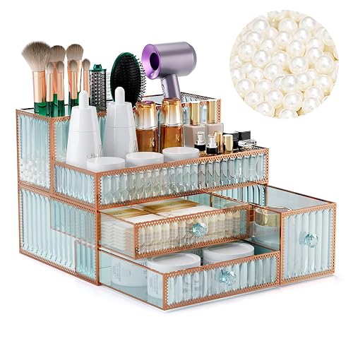 Youdepot Makeup Organizer Countertop - Tempered Glass Vanity Organizer for Cosmetics, Skincare, Hair Tools, Brushes, Perfume - Multipurpose Bathroom Counter Skincare Organizer