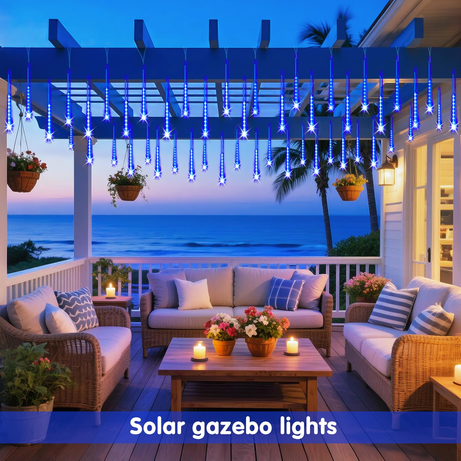 JMEXSUSS Solar Meteor Shower Lights Outdoor, 8 Tube 144 LEDs Solar Gazebo Lights Outdoor Waterproof Twinkle Light for Tree Icicle Garden Yard Party Patio Christmas Decor (Blue)