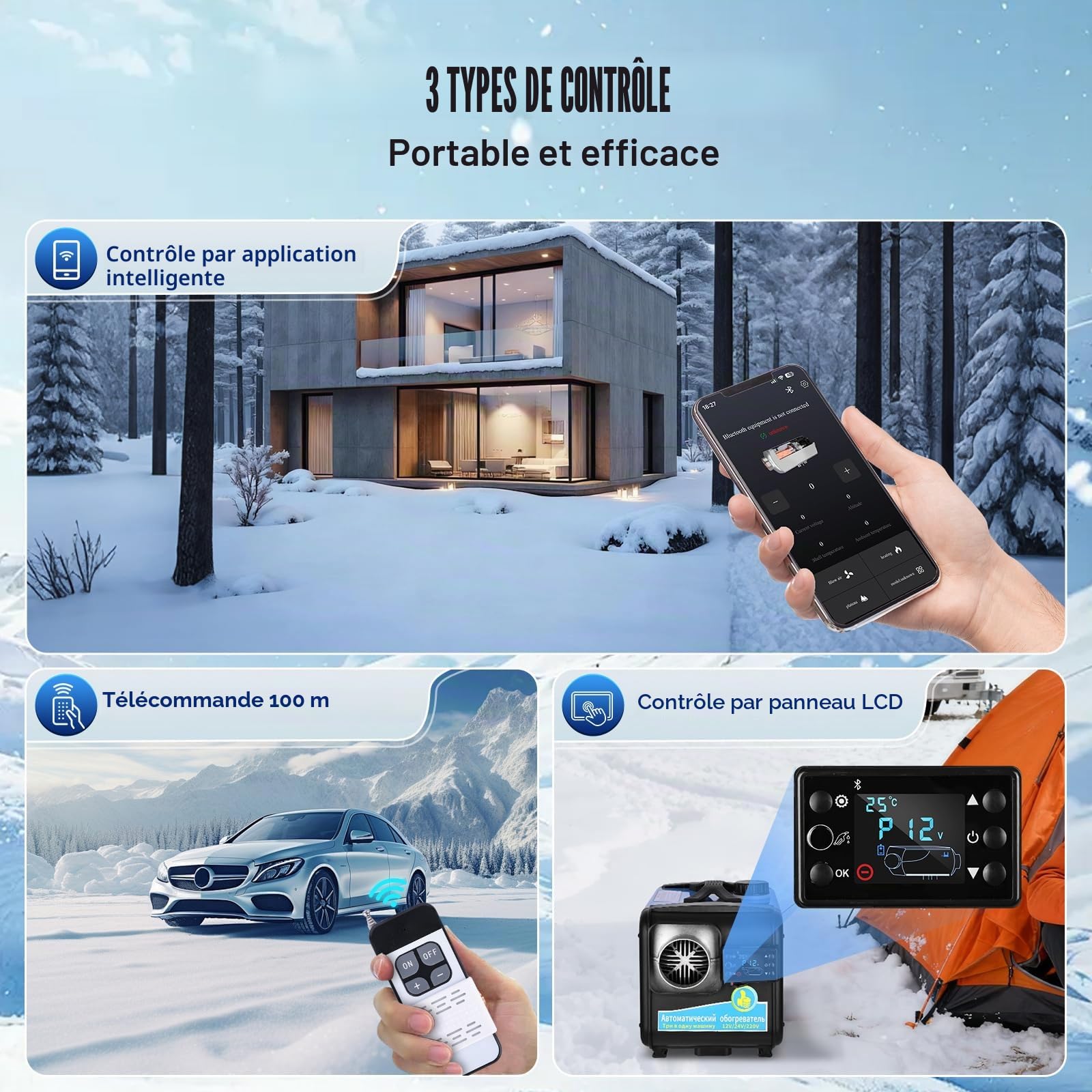 Chauffage Diesel 8 kW, Avec Bluetooth et Télécommande, Adaptateurs 12/24 V CC et CA, Mode Haute altitude, Réservoir de Carburant de 5 L, Convient Aux Voitures, Camions et Camping-cars