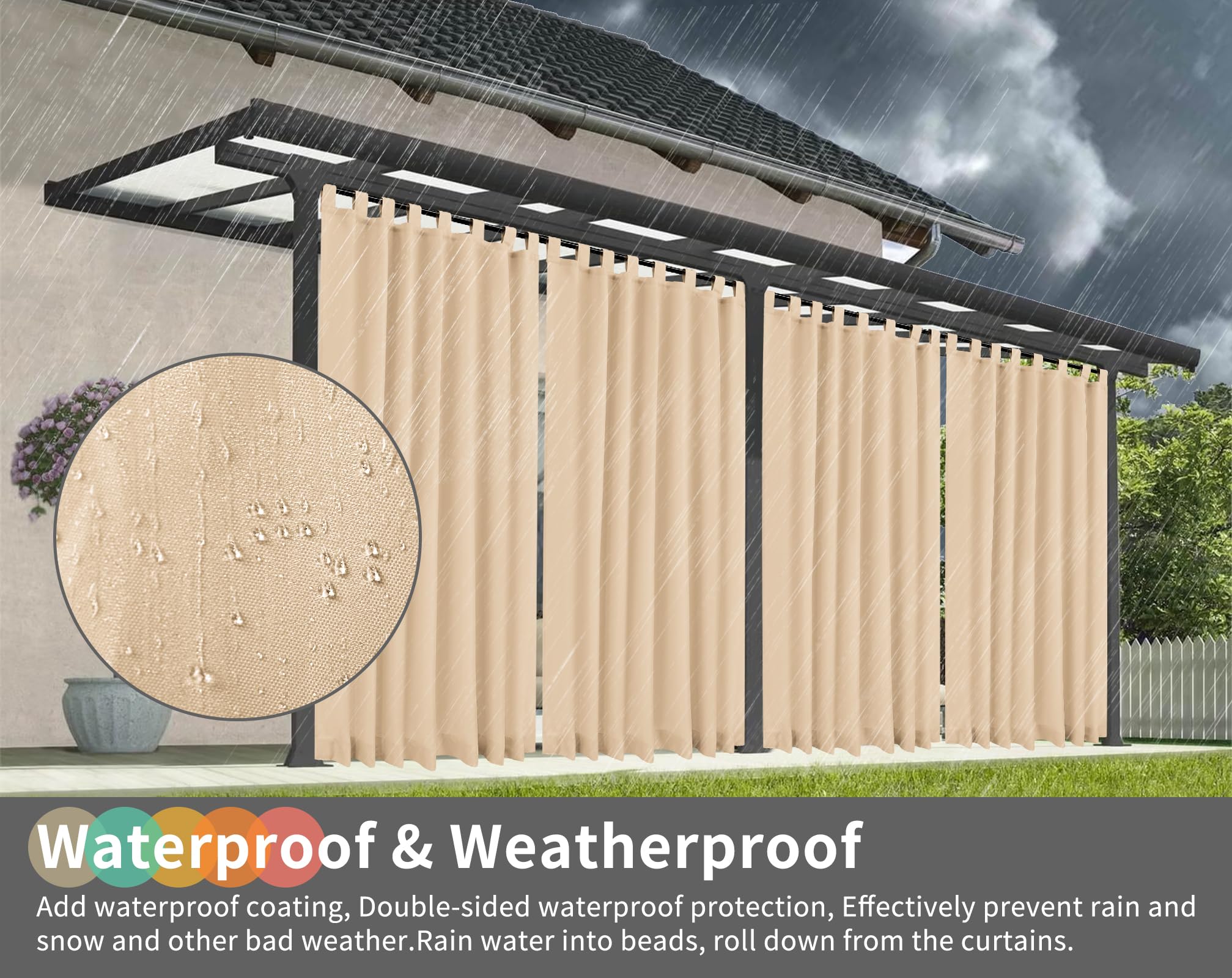 Teruntrue 2 Pezzi Tenda da Esterno Impermeabile con Cerniere in, Tende da Balcone e Terrazza, Protezione Solare e Privacy, con Occhielli Inferiori, H260 x B155 cm, Beige