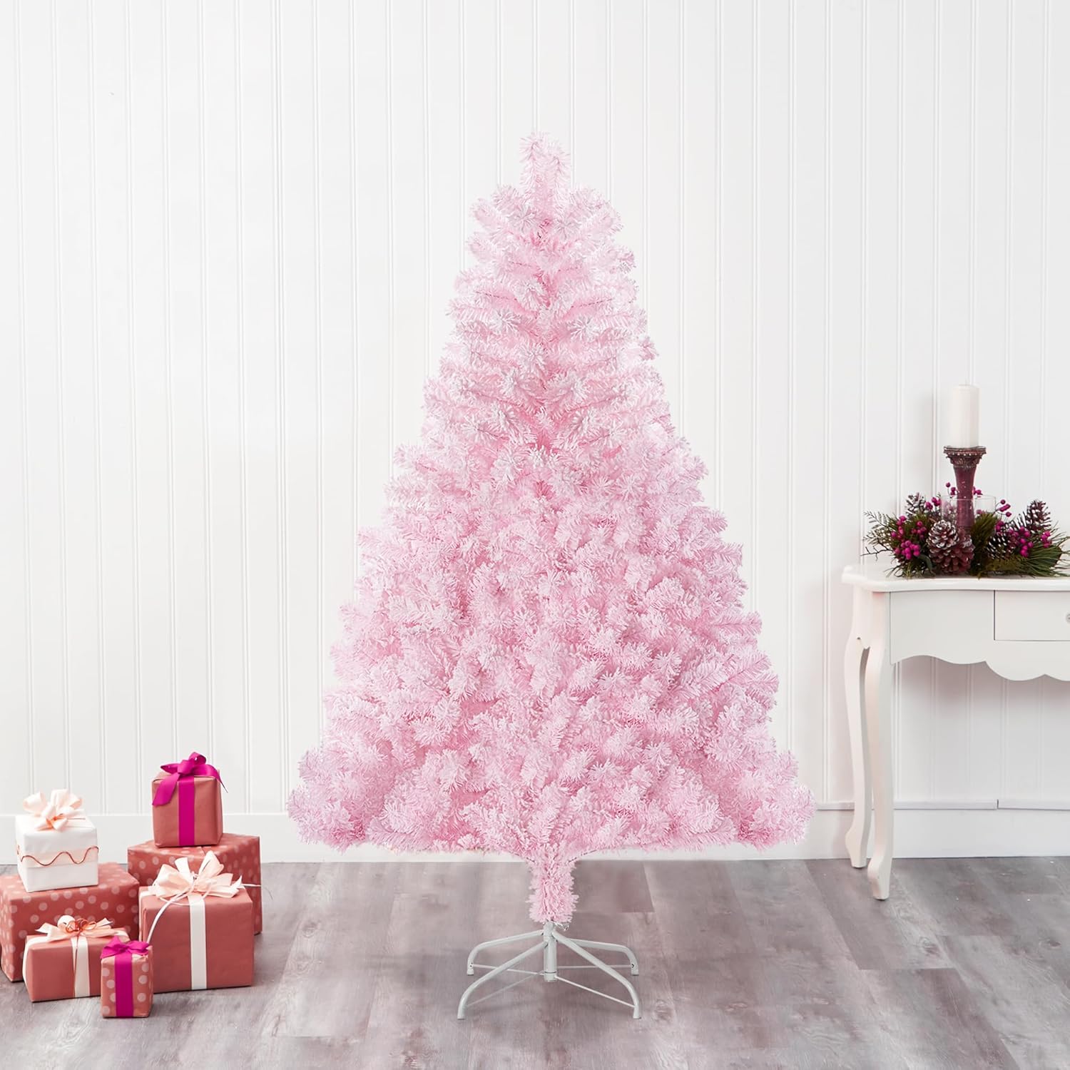 4.5ft Pink Snow Flocked Christmas Tree, Premium Hinged Artificial Pine Xmas Tree with Metal Stand, 400 Branch Tips for Lush Holiday Decor, Easy to Assemble & Perfect for Christmas Decoration Pink 4.5ft