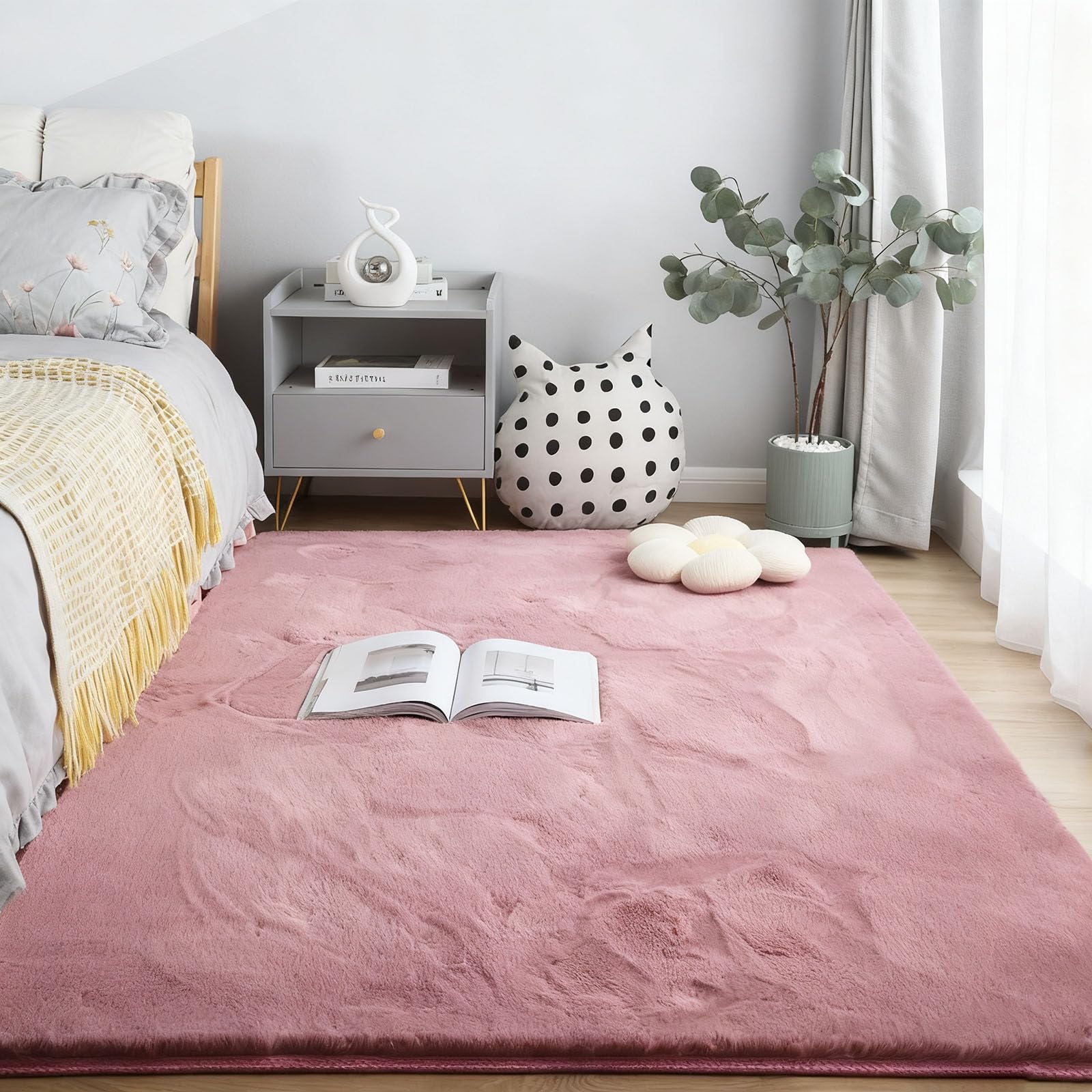 Tapis de salon lavable 130x190 rose foncé moderne uni antidérapant salle