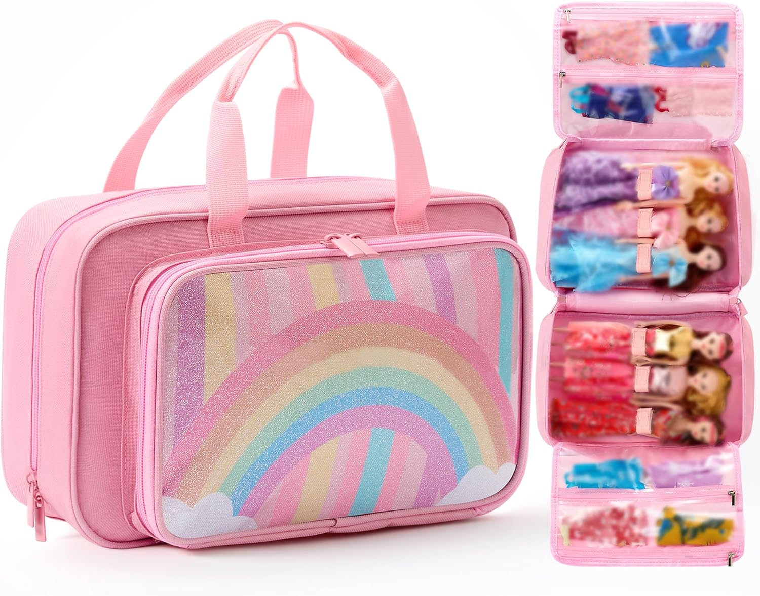 Carrying Case Compatible with Barbie Dolls 12-Inch, Storage Organizer Holder with Handle for up to 6 Dolls, Multiple Pockets for Clothes & Accessories,Travel Portable Storage Bag,Pink