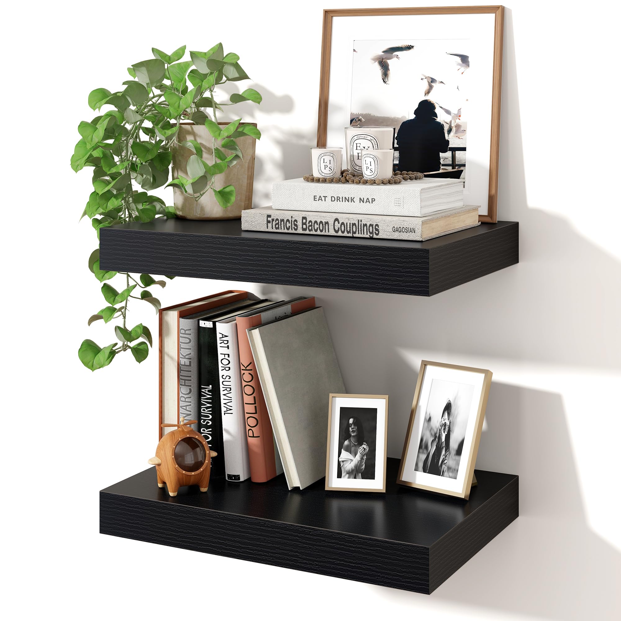 Axeman 16Inc Floating Shelves for Wall, 2 Pack Shelves for Bedroom, Bathroom, Kitchen, Hanging Wall Mounted Rustic Wood Shelf with Invisible Brackets for Books Decor, Black — image 1