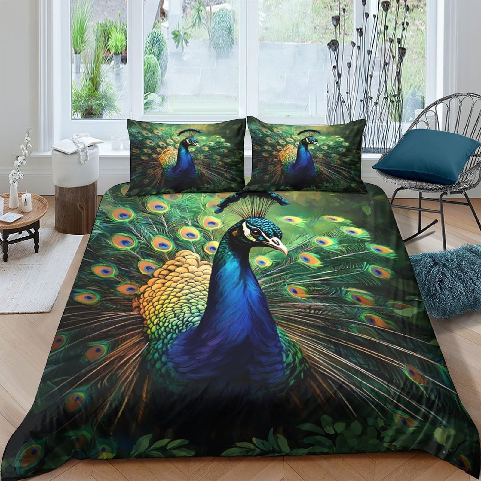 GPLZQXKJNH 3D Printed Peacock Feather Duvet Cover Microfiber Soft Breathable Vibrant Bird Bedding Set with 2 Pillowcases for Bedroom Decor Single（135x200cm）