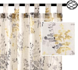 H.VERSAILTEX Linen Sheer Curtains for Living Room Sheer Panels 63 Inches Long Light Filtering Tab Top Window Treatment Drapes for Bedroom, 2 Panels, Vintage Classical Floral Print Yellow and Taupe