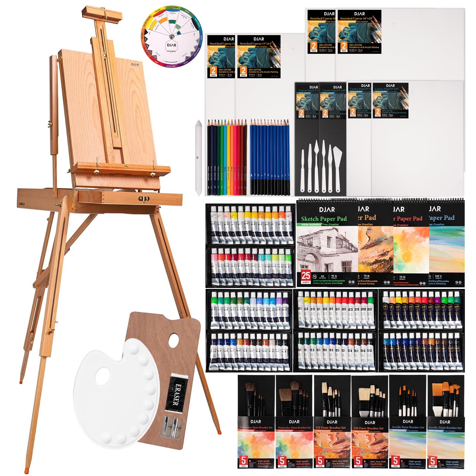 Kit Peinture Complet 169 Pièces DJAR – Chevalet Français + Acrylique, Aquarelle, Huile, Croquis – Idéal Débutants & Artistes Confirmés