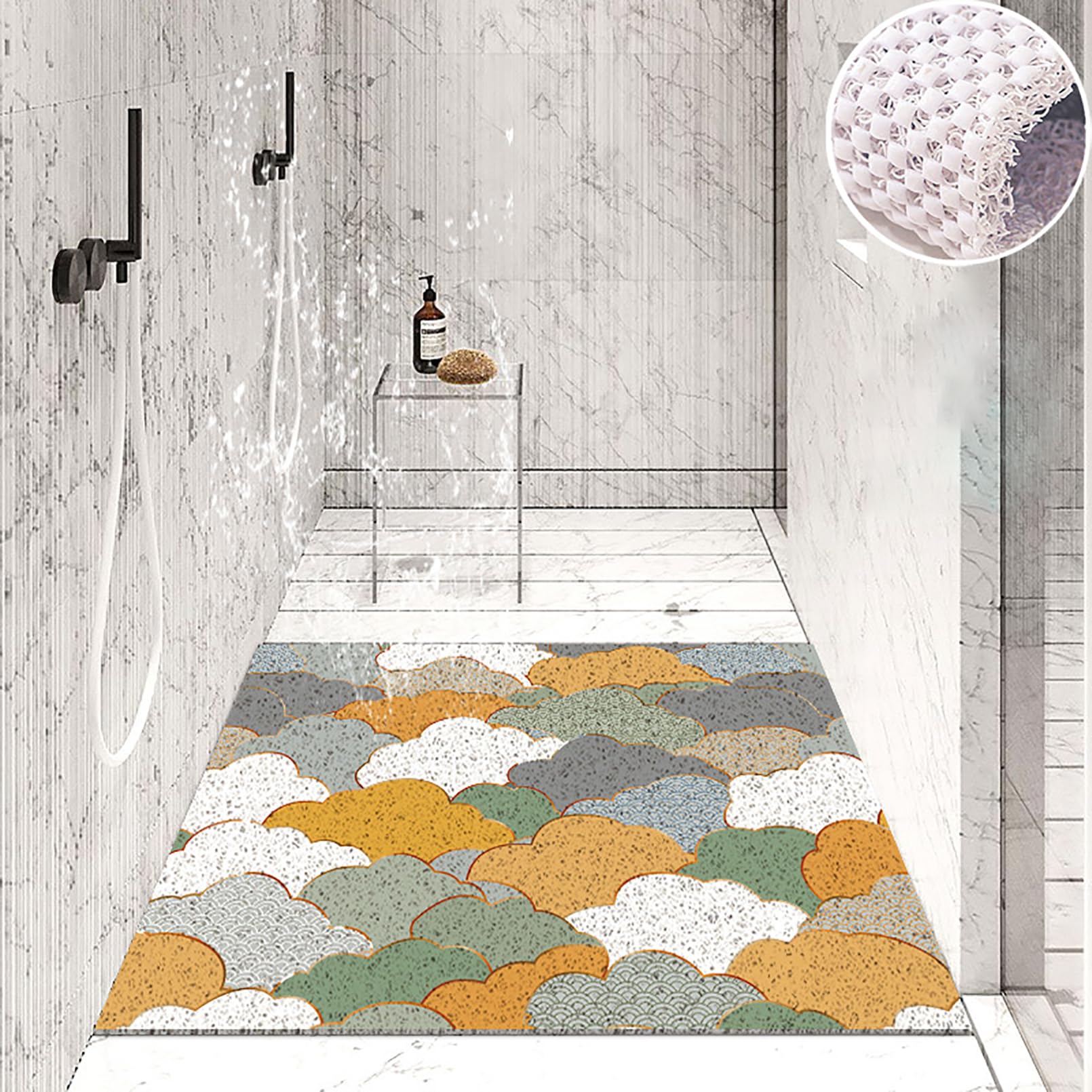 Tappetino da doccia antiscivolo, 40 x 60 cm, morbido e confortevole, in PVC, elegante e lucido, con ganci, alta permeabilità all'acqua