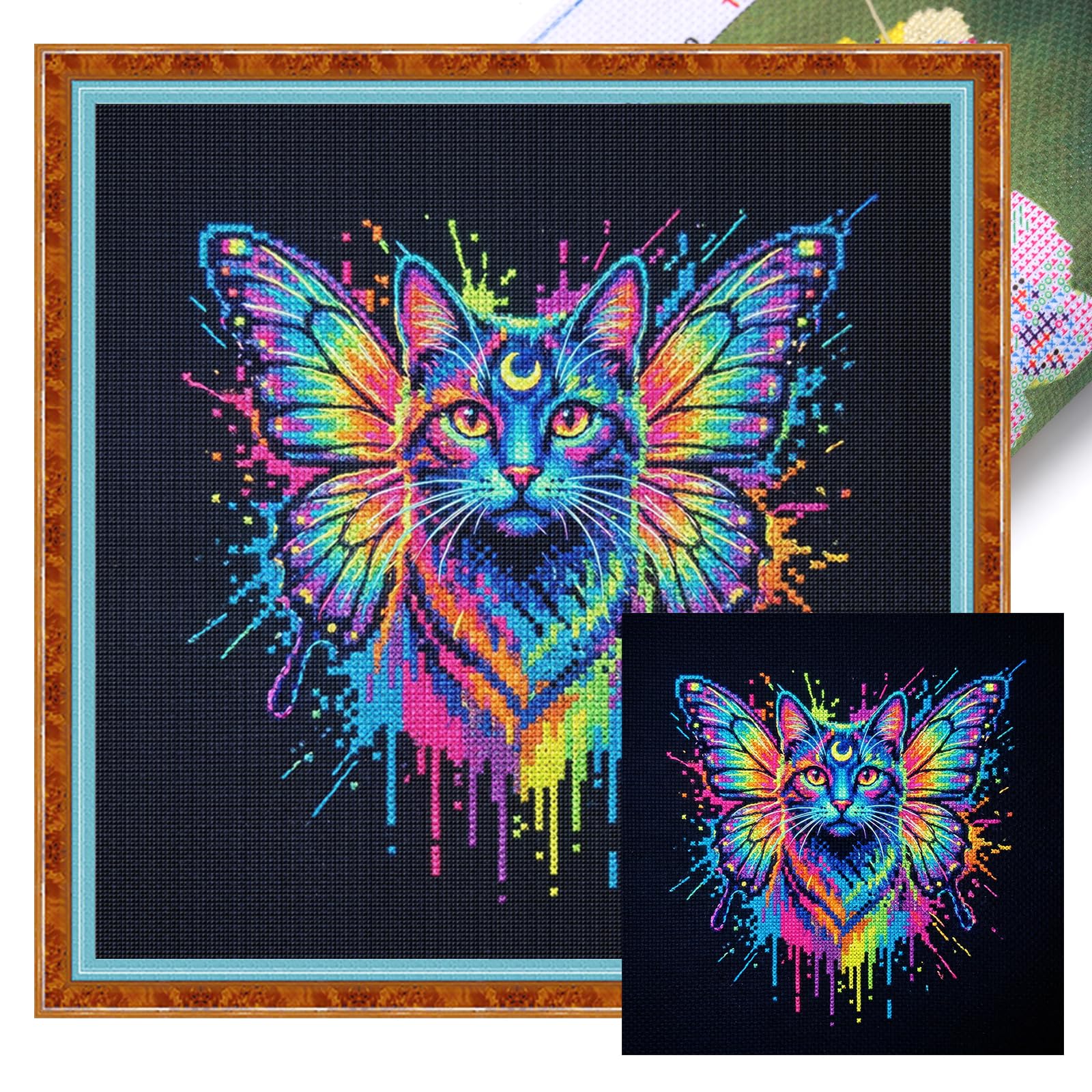 POETRYDRAW Butterfly Cat Full 14CT DIY Stamped Cross Stitch Kits 11.81x11.81inch Embroidery Needlepoint Starter Kits for Beginners Adults Home Decor (Butterfly Cat)