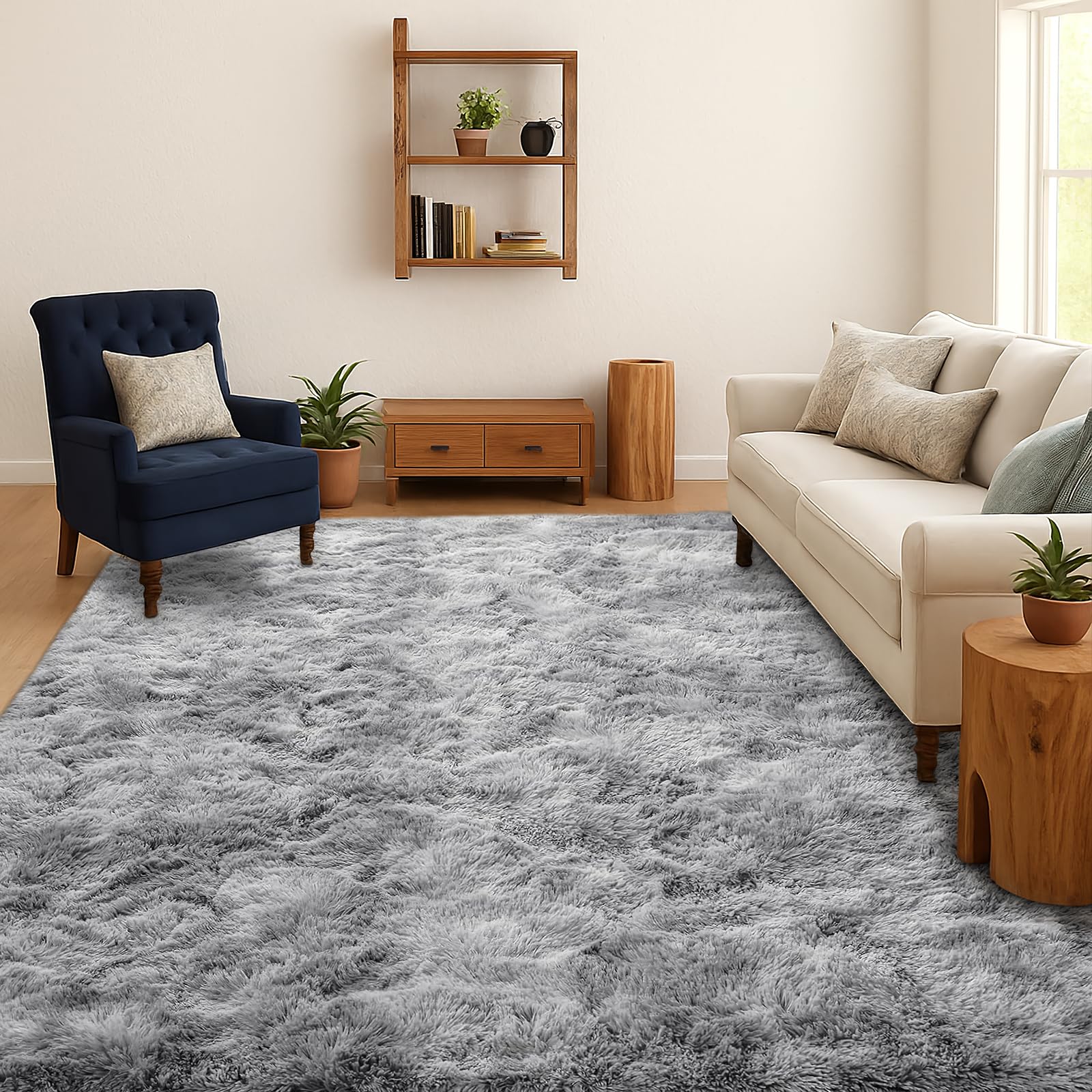 SOANNY Hochflor Wohnzimmer Teppich, Waschbar Anti-Rutsch & Flauschig, Tie-Dye Langflor Shaggy Teppiche für Schlafzimmer & Kinderzimmer, Bettvorleger Matte, 160 x 230 cm, Hellgrau