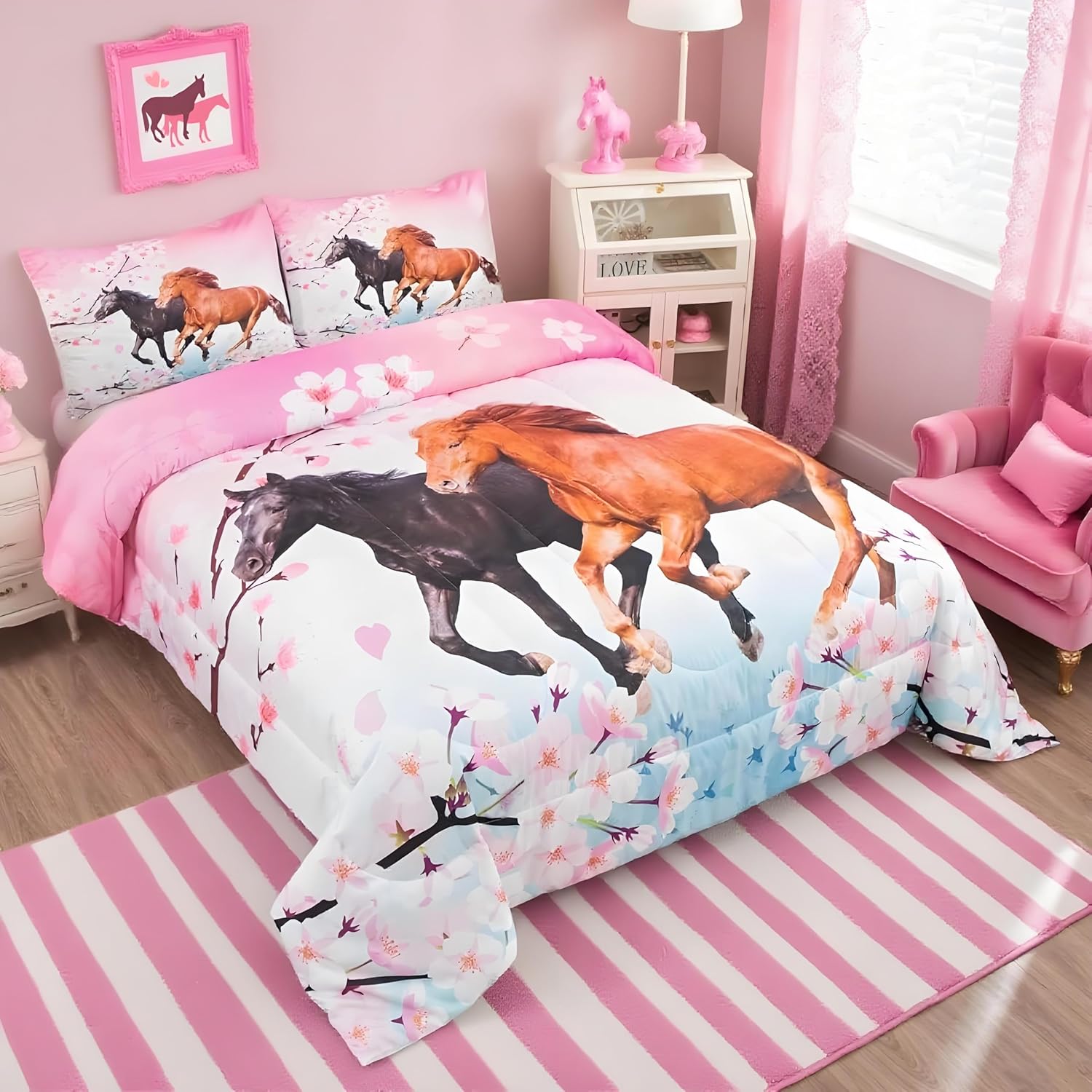 Feelyou Girls Horse Comforter Set Full Size Galloping Horses Bedding Set for Kids Teens Cherry Blossom Comforter 3D Wild Animal Duvet Set Farmhouse Bedroom Decor Quilt Set with 2 Pillow Cases 3Pcs - Image 2
