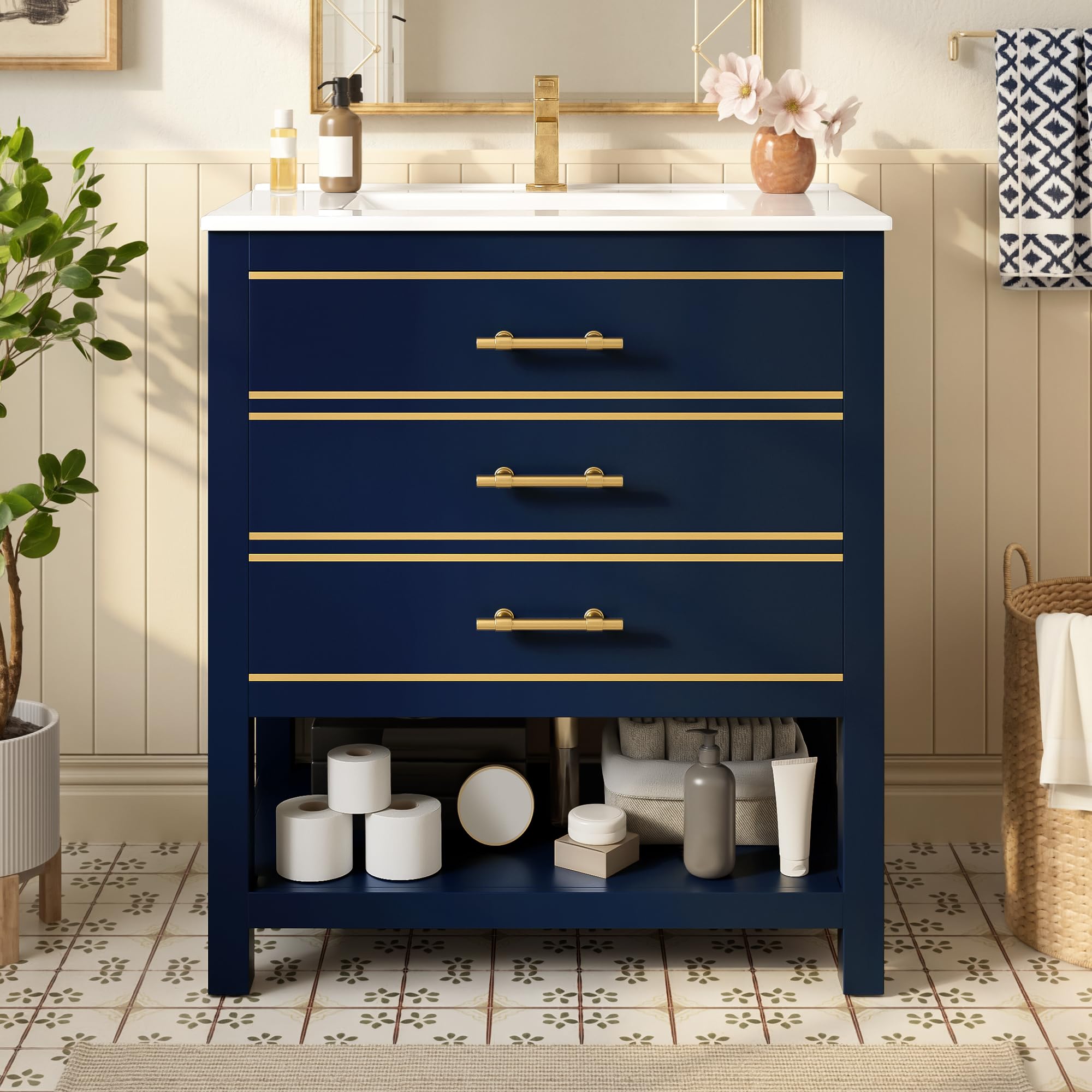 Lexiou Mueble de baño con lavabo de cerámica, mueble de baño independiente con 2 cajones y compartimento abierto, asas doradas, sin grifo ni desagüe (negro y azul)