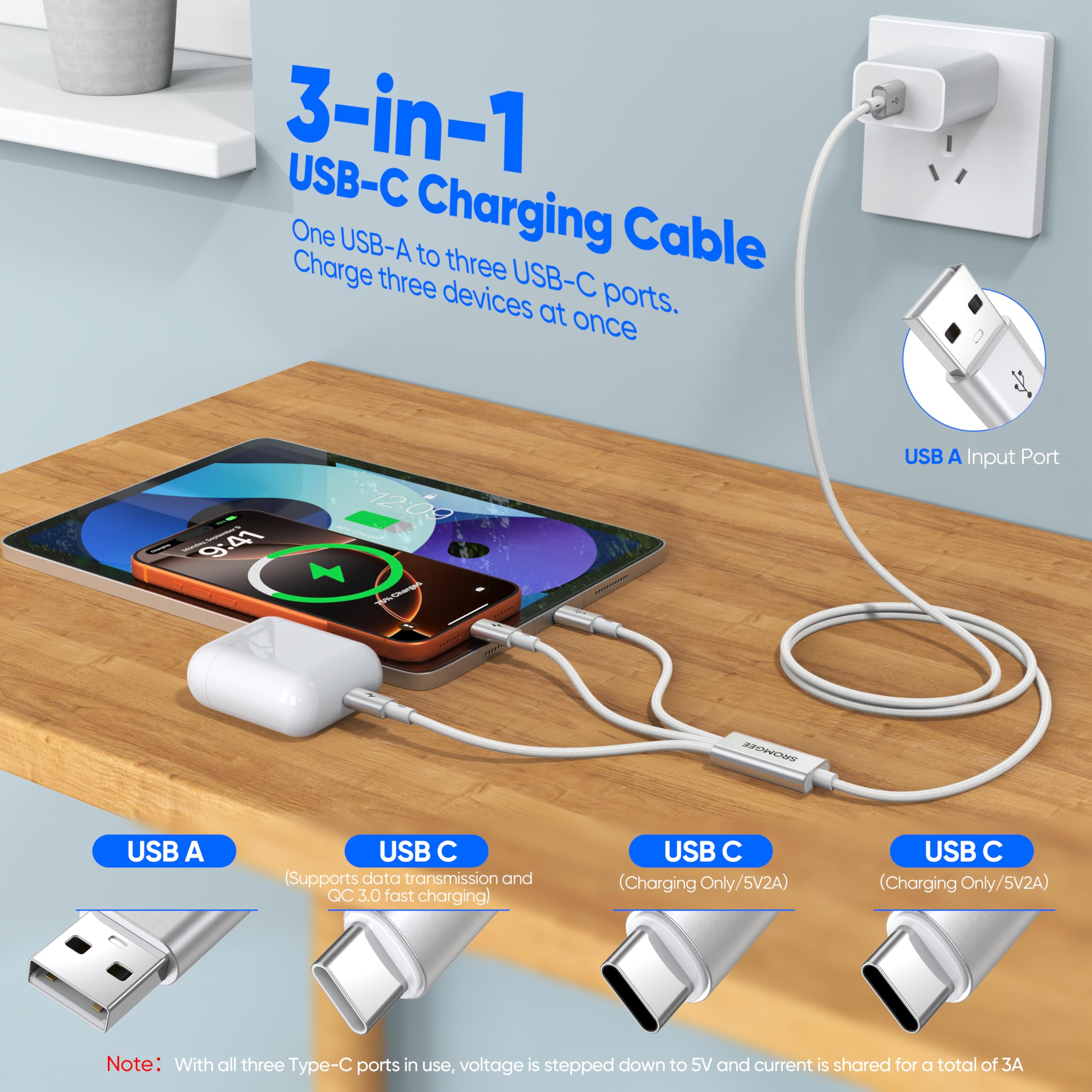 Câble USB-C 3 en 1 (2, blanc, USB de type A)