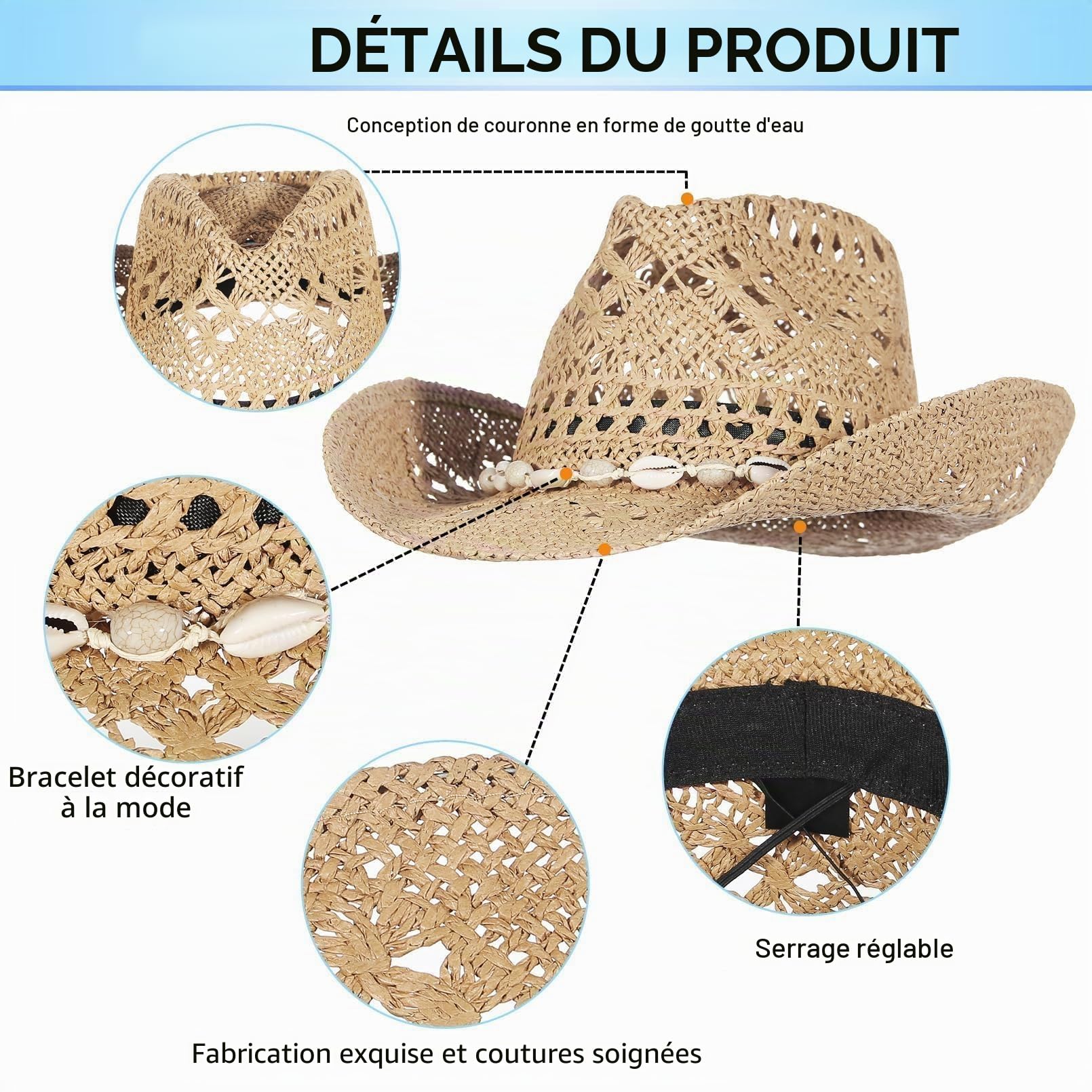 GEMVIE Chapeau de Cowboy Occidental tissé à la Main à Large Bord en Paille Panama pour Homme et Femme Chapeau de Plage bohème